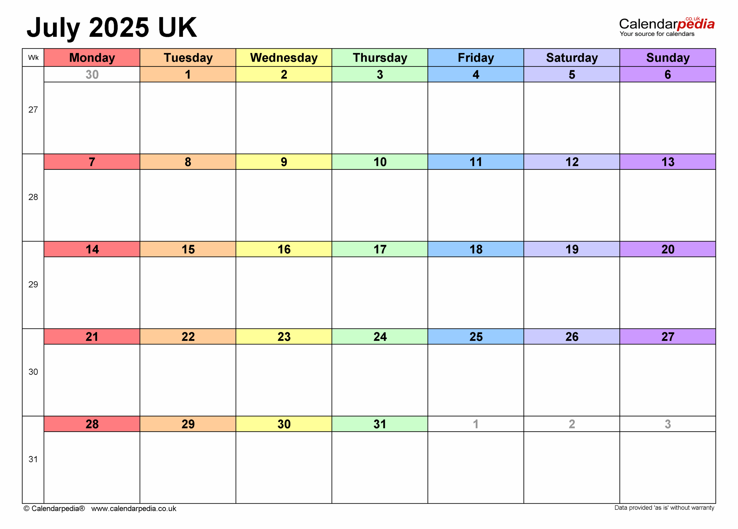 Calendar July 2025 UK With PDF Excel And Word Templates