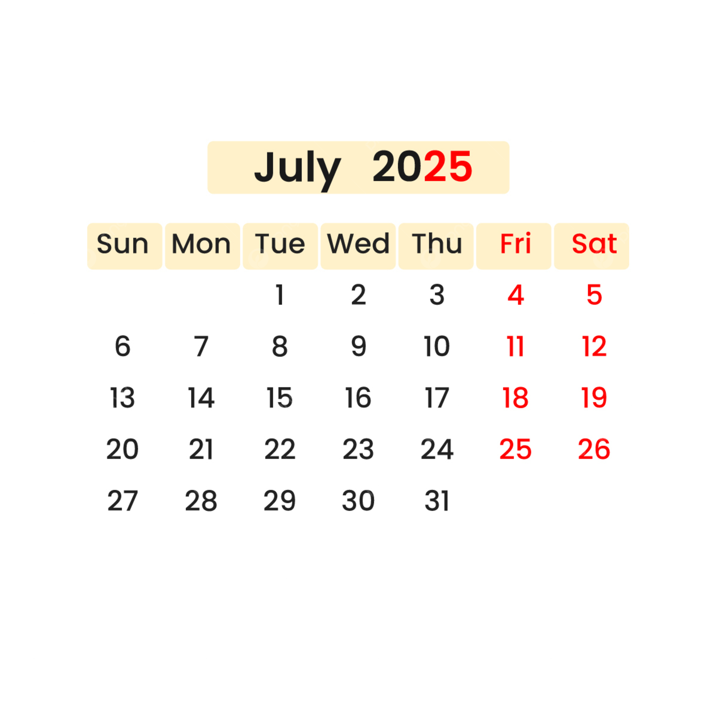 National Holidays July 2025 Calendar