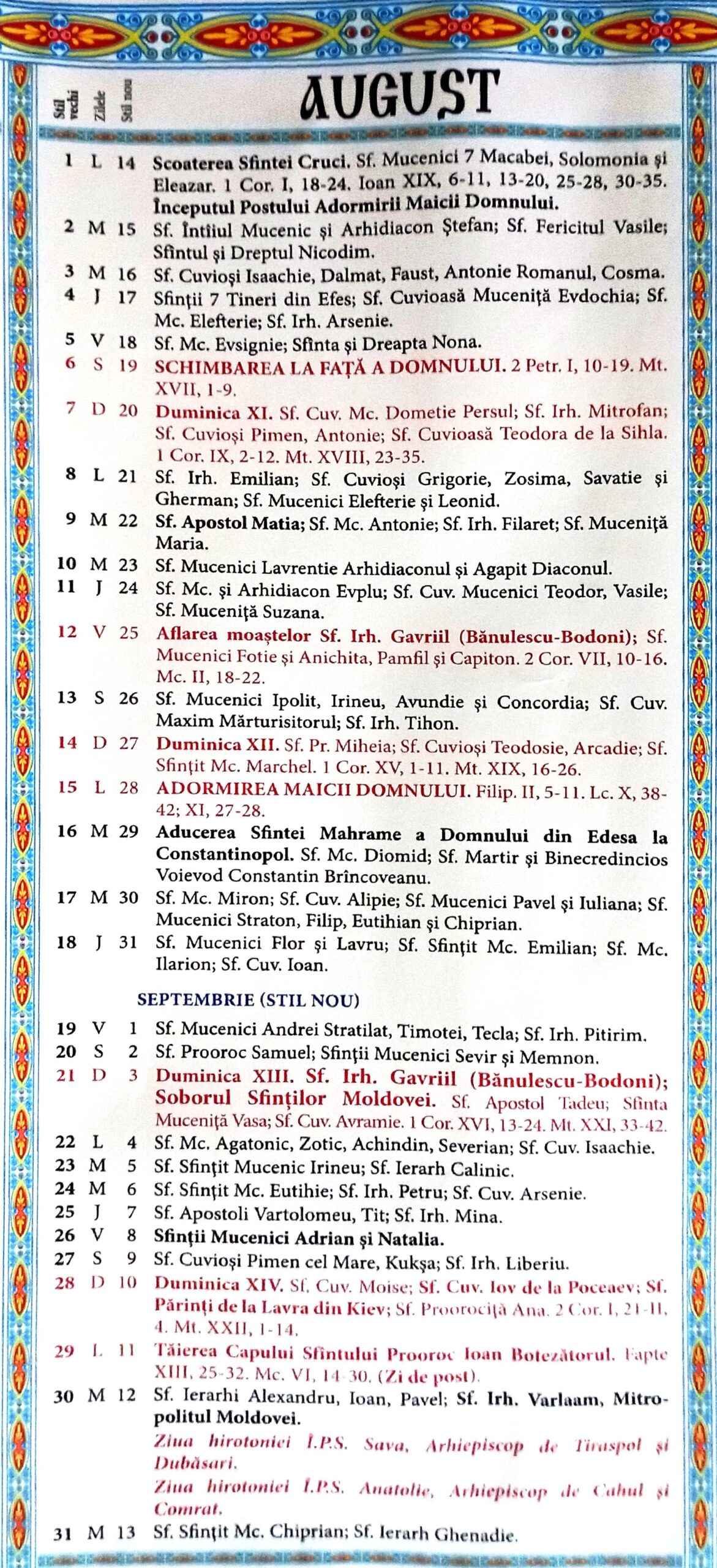 Calendar Ortodox Stil Vechi August 2023