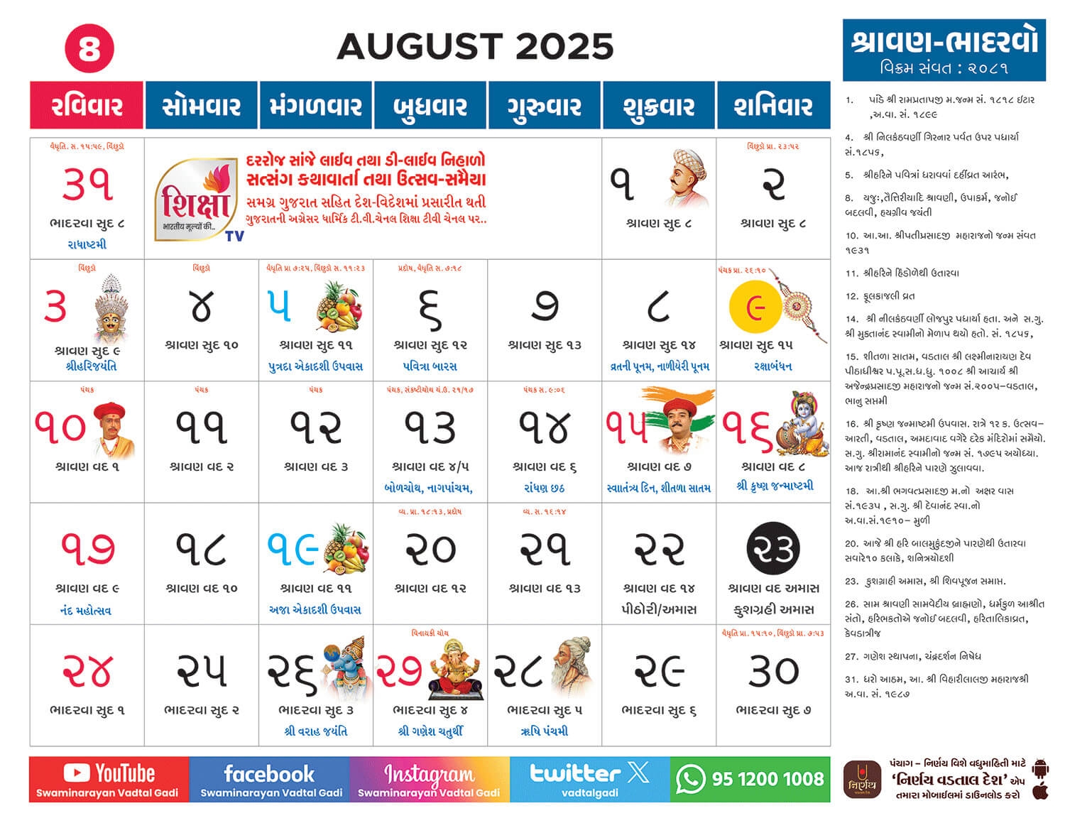 Gujarati Calendar 2025 August