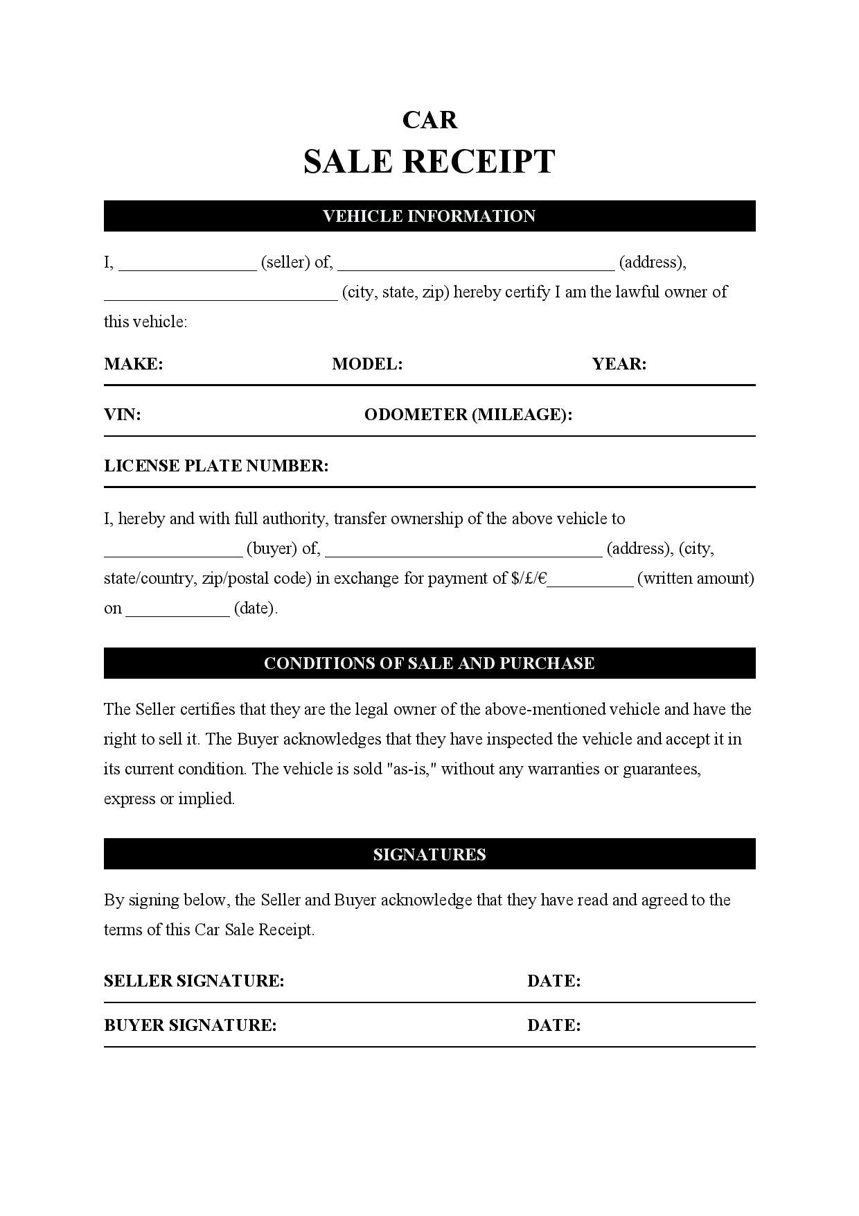 Car Sale Receipt Template Free Download Easy Legal Docs