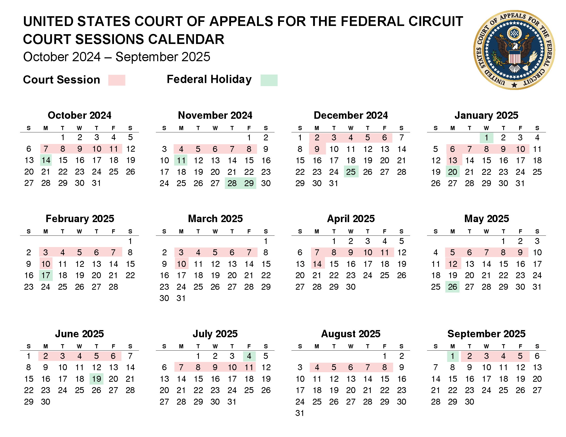 Court Sessions Calendars U S Court Of Appeals For The Federal Circuit