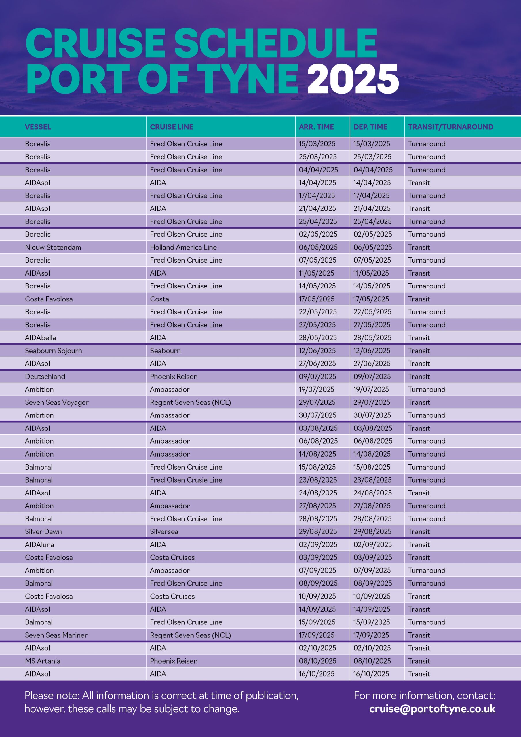 Cruise Schedule Port Of Tyne
