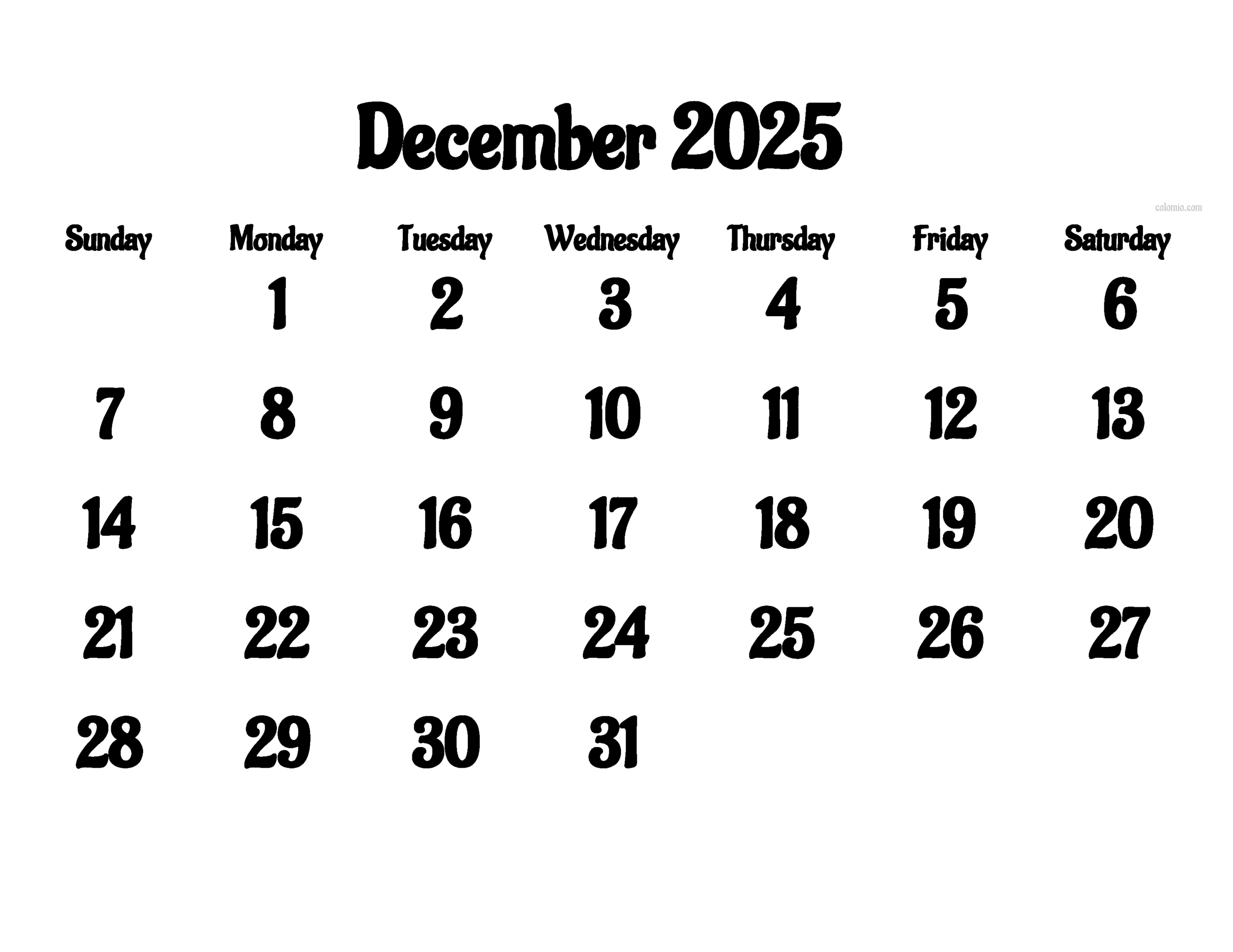 2025 Calendar December