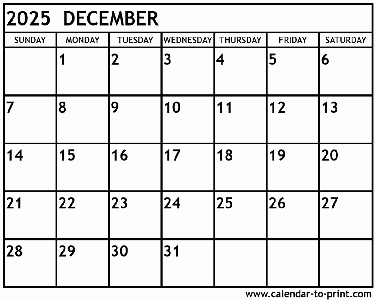 December 2025 Calendar Printable December 2025 Calendar Printable