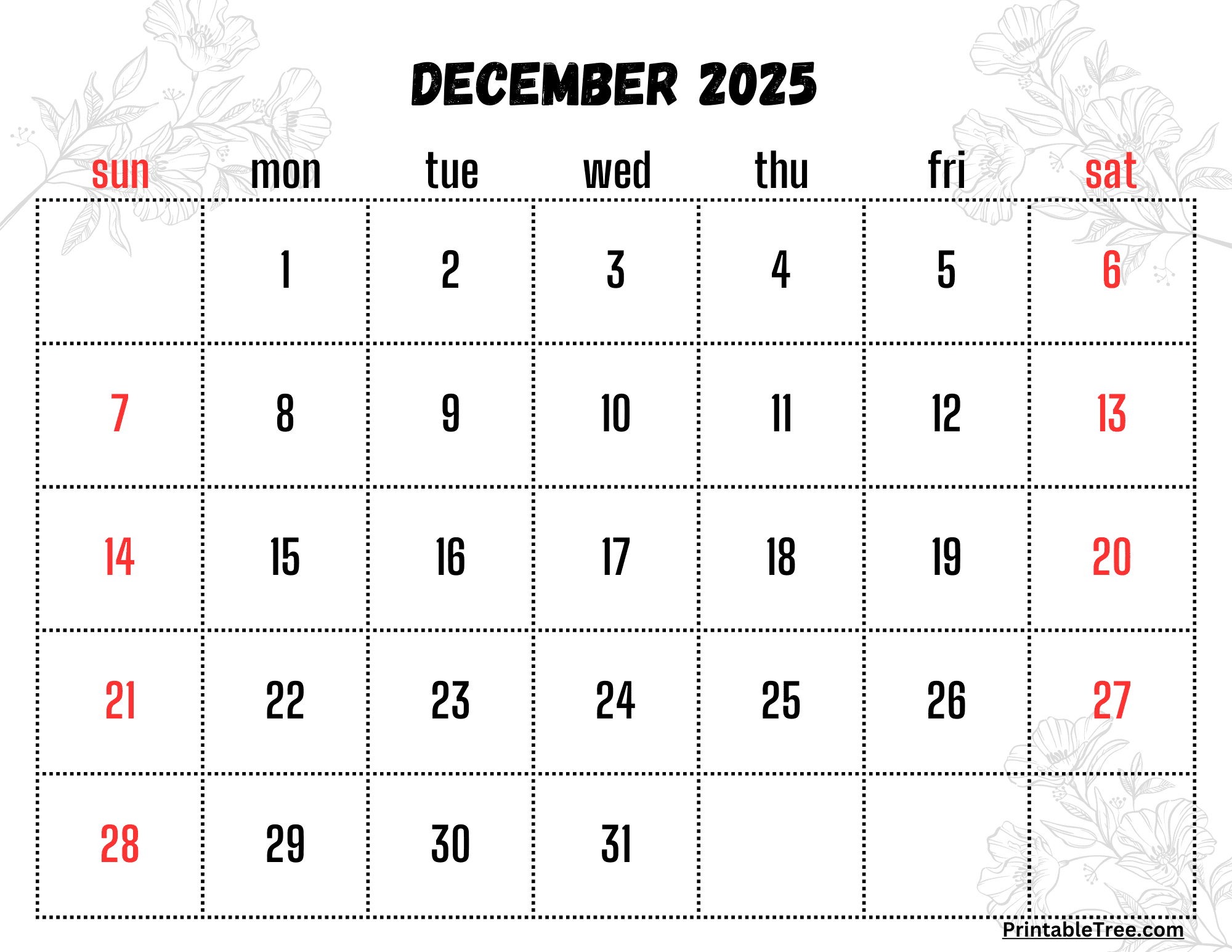 2025 December Calendar Printable 2025 December Calendar Printable