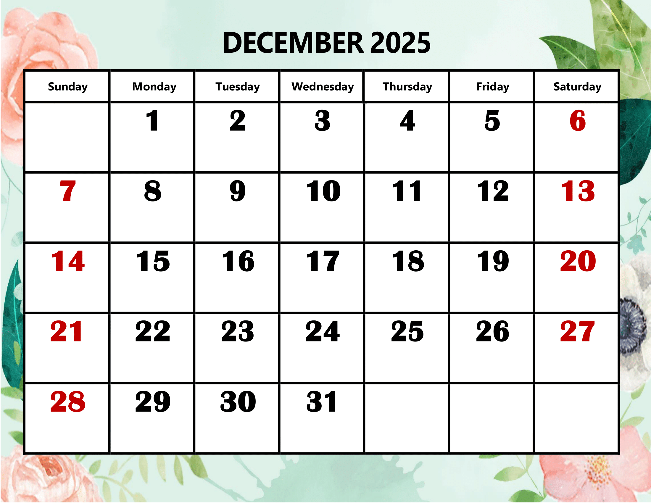 December 2025 Calendar Printable PDF Template With Holidays December 2025 Calendar Printable PDF Template With Holidays