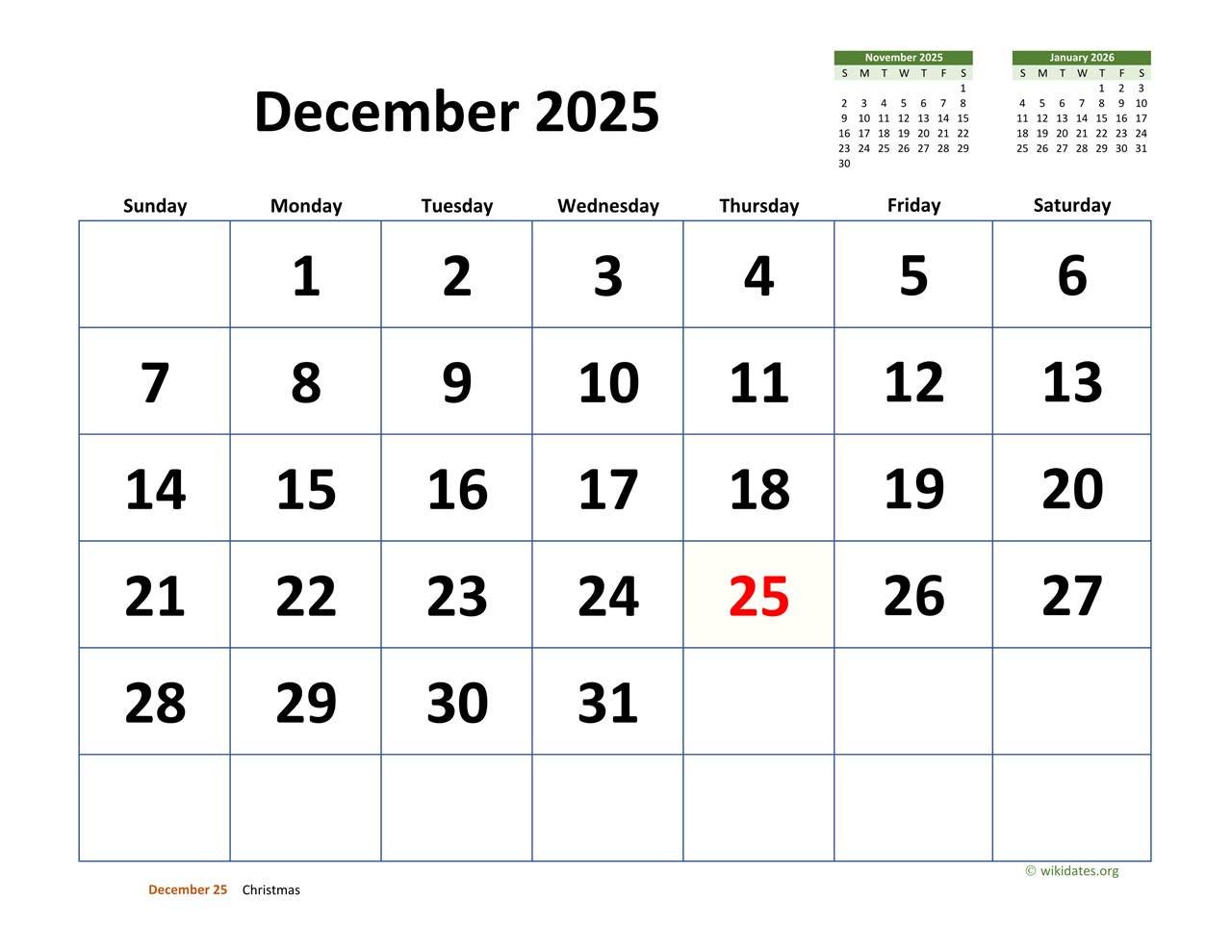 Calendar 2025 December