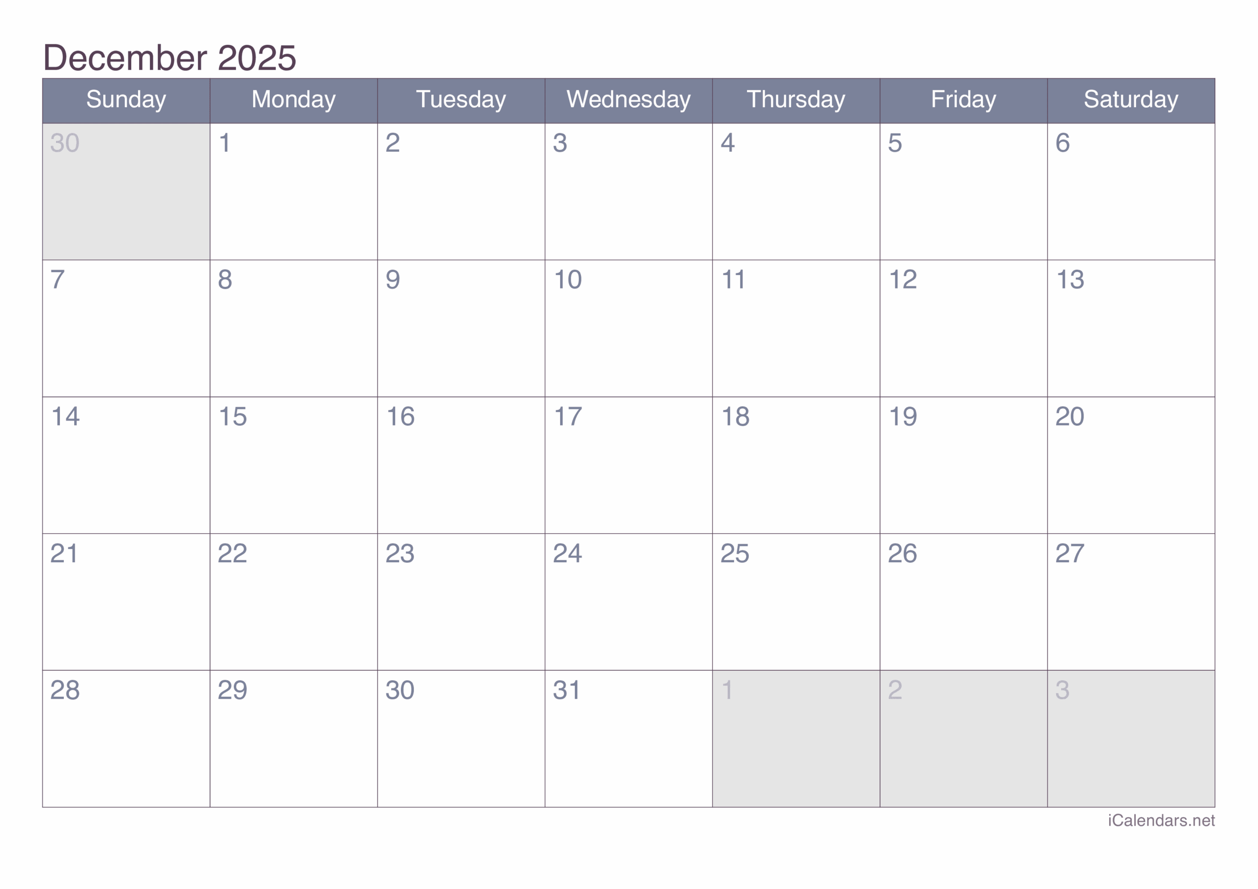 December 2025 Printable Calendar December 2025 Printable Calendar