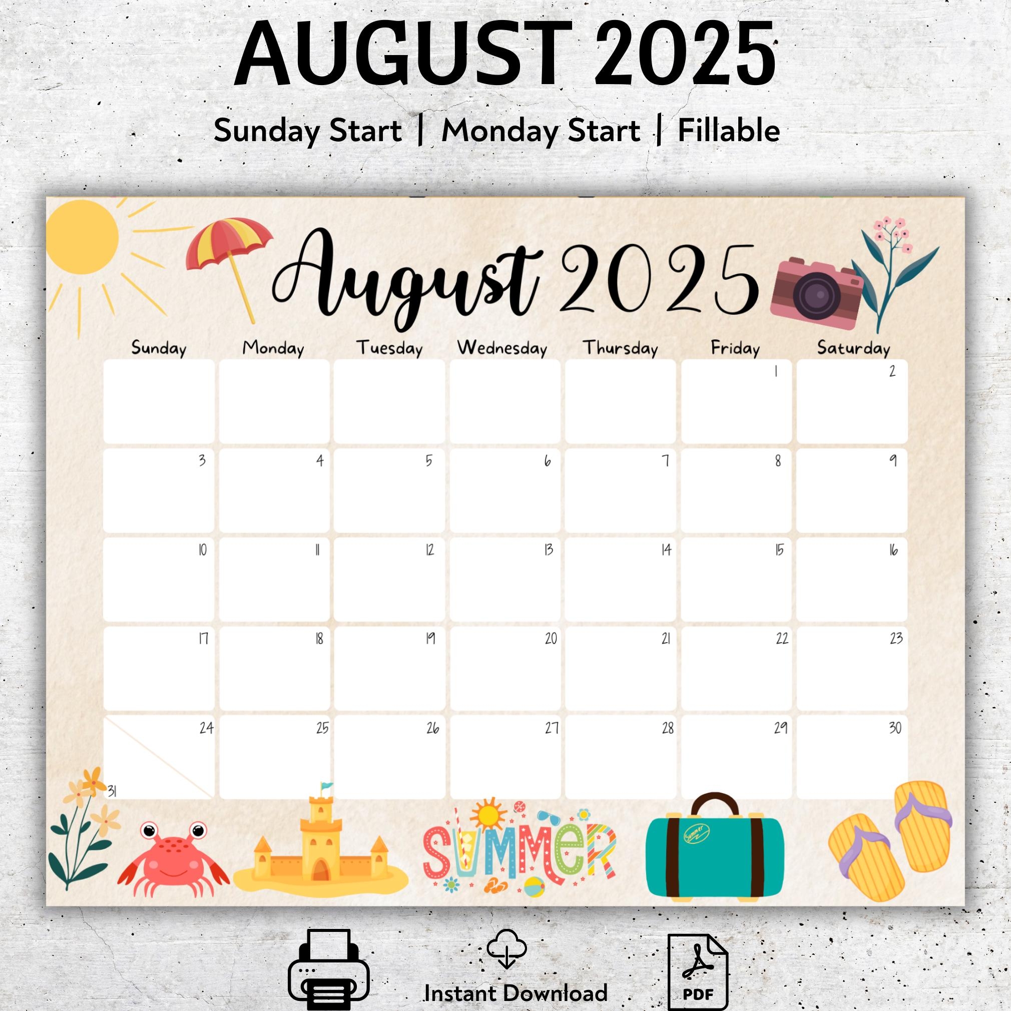 EDITABLE August 2025 Calendar Printable Vacation Planner  EDITABLE August 2025 Calendar Printable Vacation Planner
