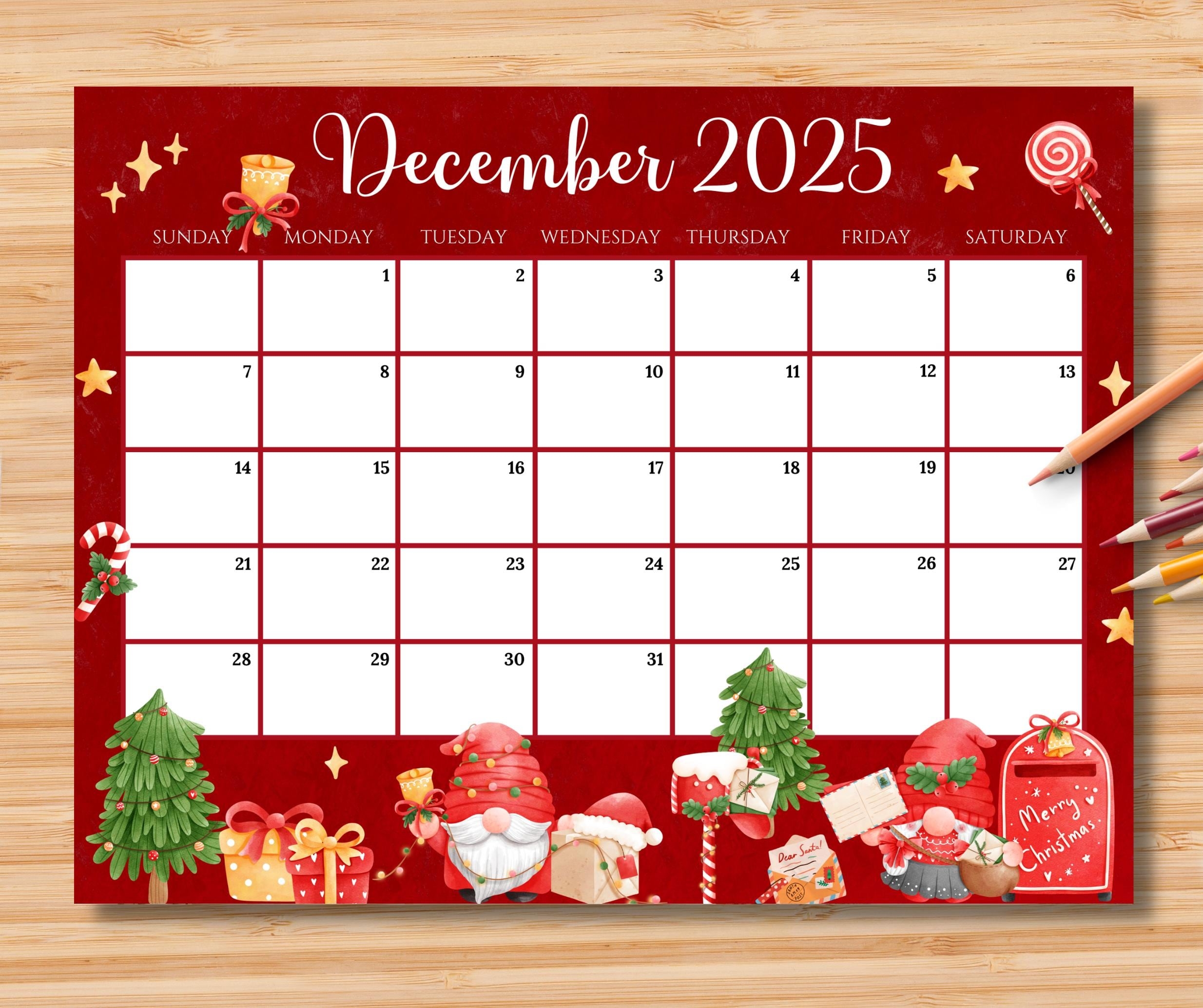 EDITABLE December 2025 Calendar Cheerful Christmas With Mail