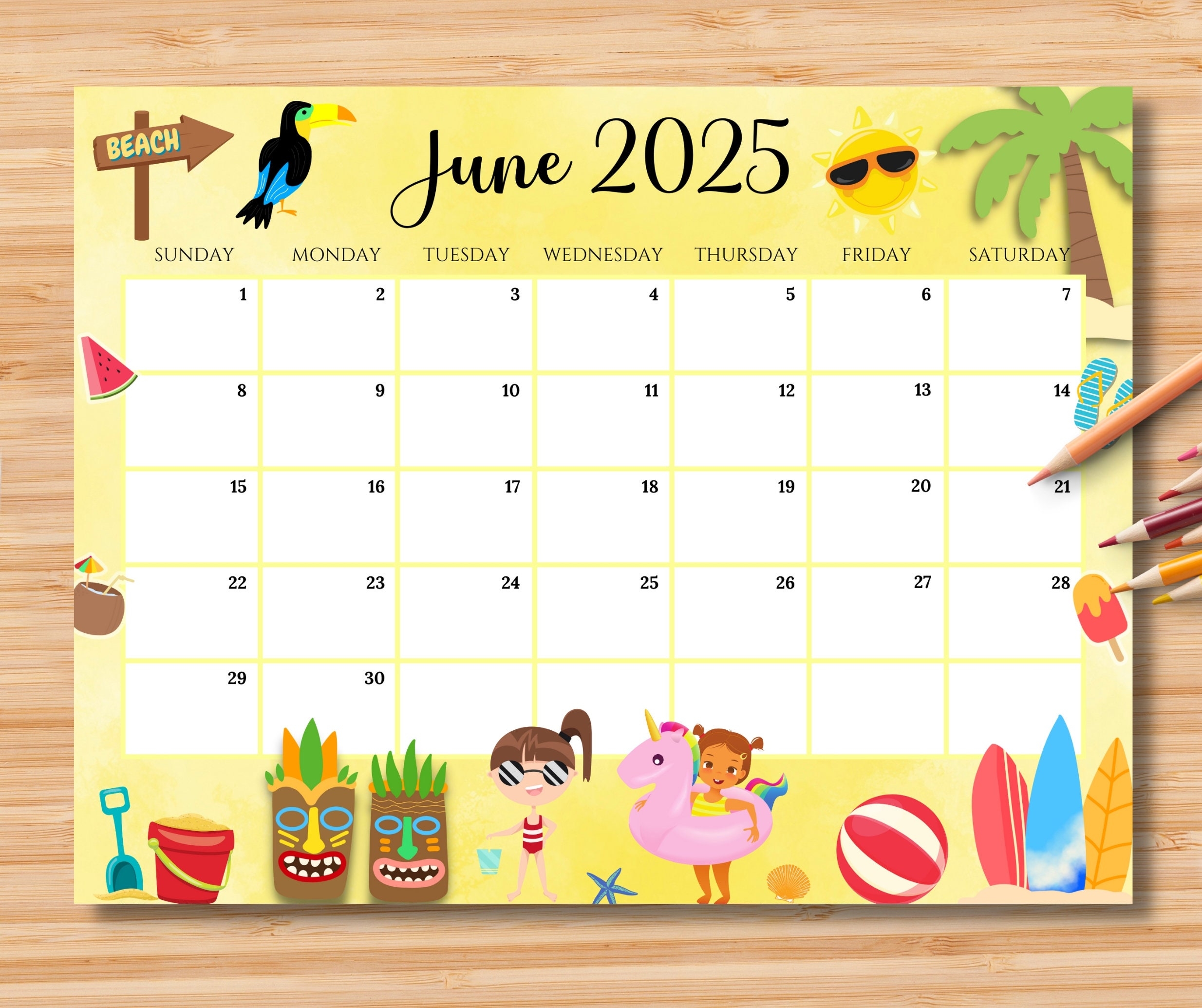 EDITABLE June 2025 Calendar Joyful U0026 Colorful Summer At The Beach Printable Monthly Planner Kids Homeschool Schedule Instant Download Etsy