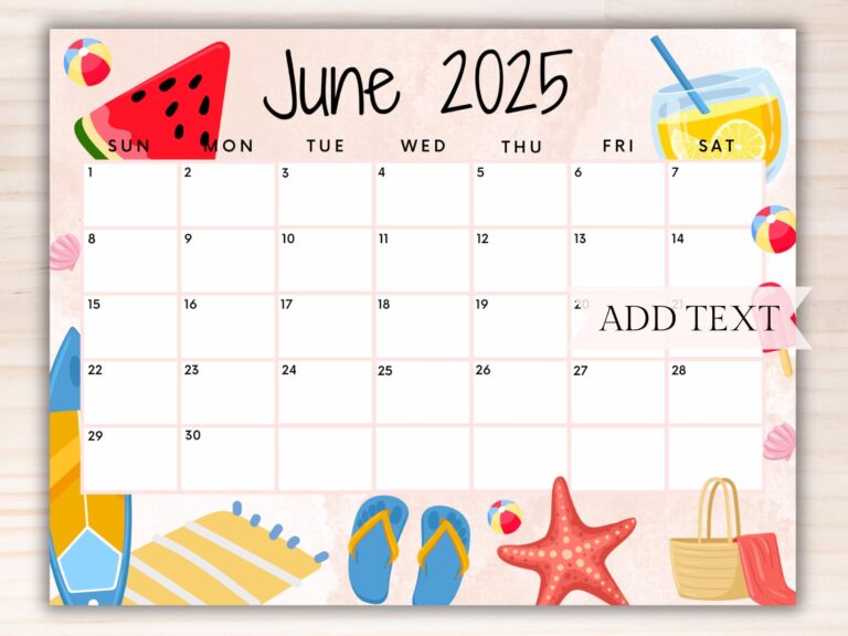 EDITABLE June 2025 Calendar Printable Calendar Summer Calendar W