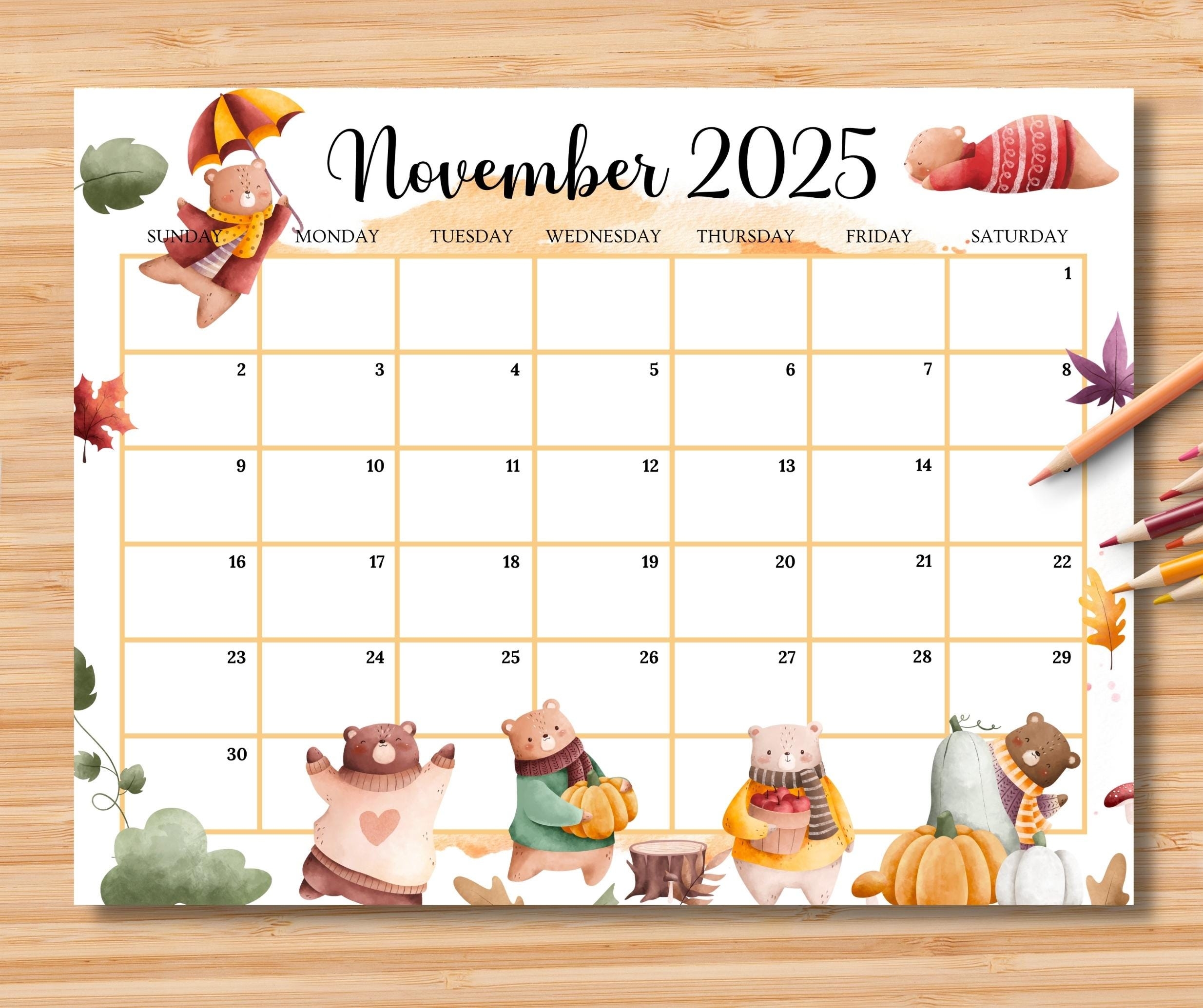 EDITABLE November 2025 Calendar Beautiful Autumn Planner W cute 