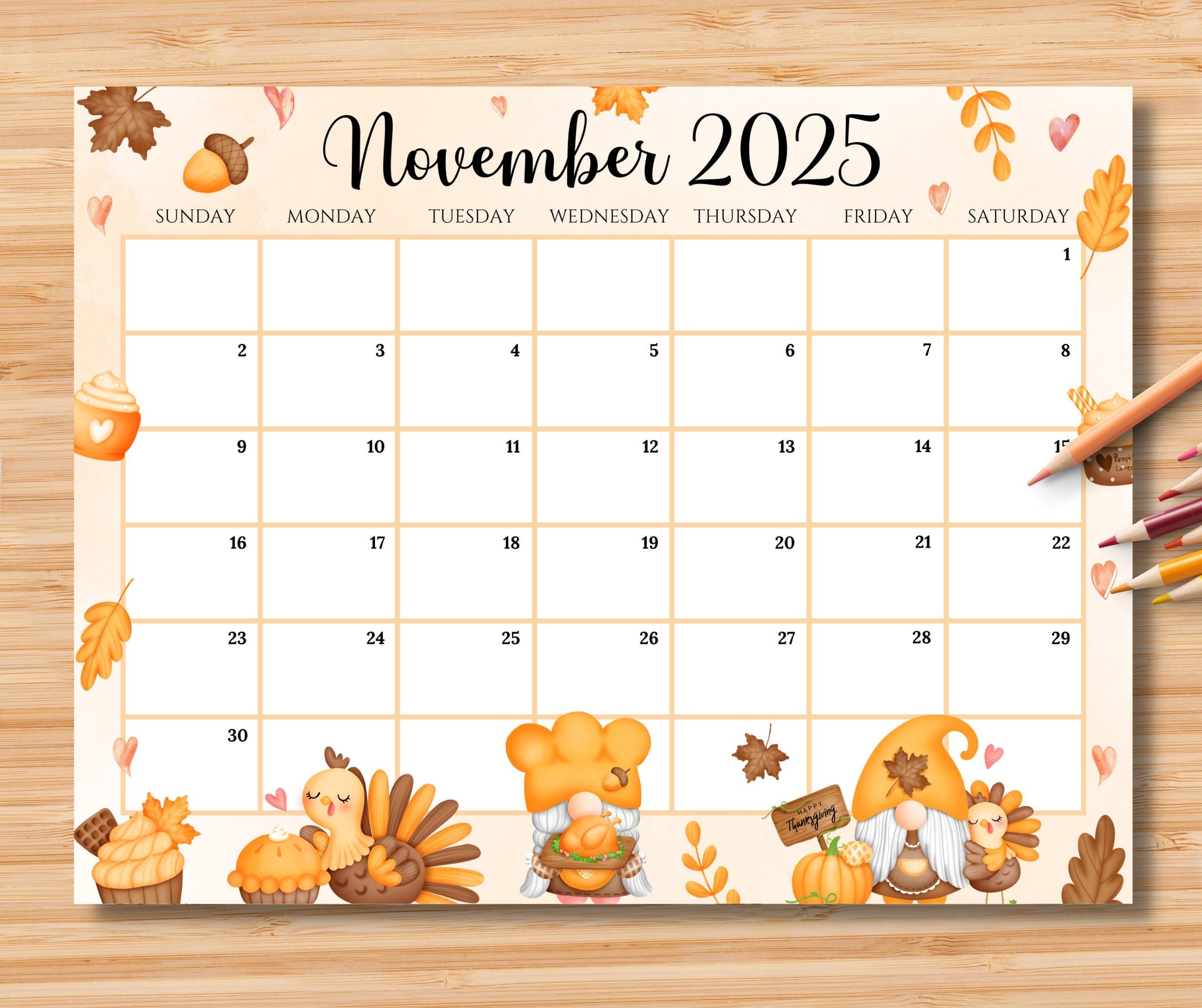 EDITABLE November 2025 Calendar Happy Thanksgiving With Cute 