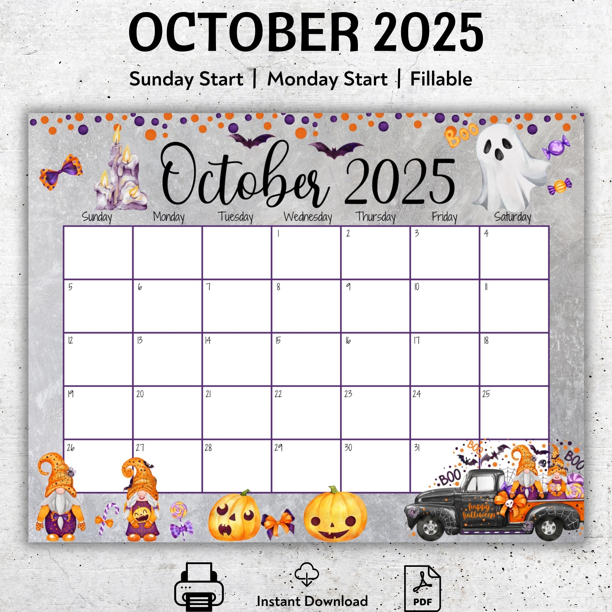 EDITABLE October 2025 Calendar Happy Halloween Pretty Ghost Cute Pumpkins Printable Fillable Planner Kids Weekly Schedule PDF Etsy