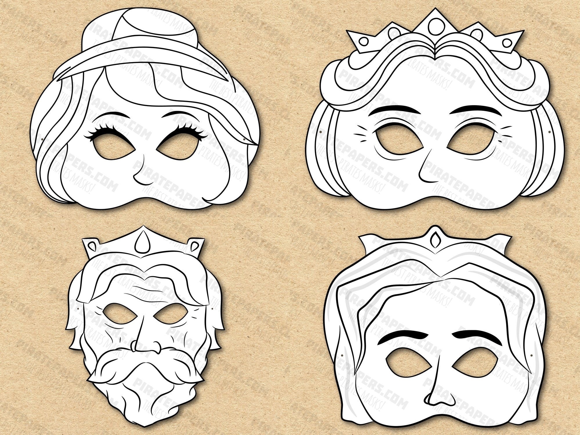 Fairy Tale Masks Printable Coloring Cinderella Prince King Queen Mother Paper DIY Kids Adults PDF Template Download Halloween Birthdays Etsy
