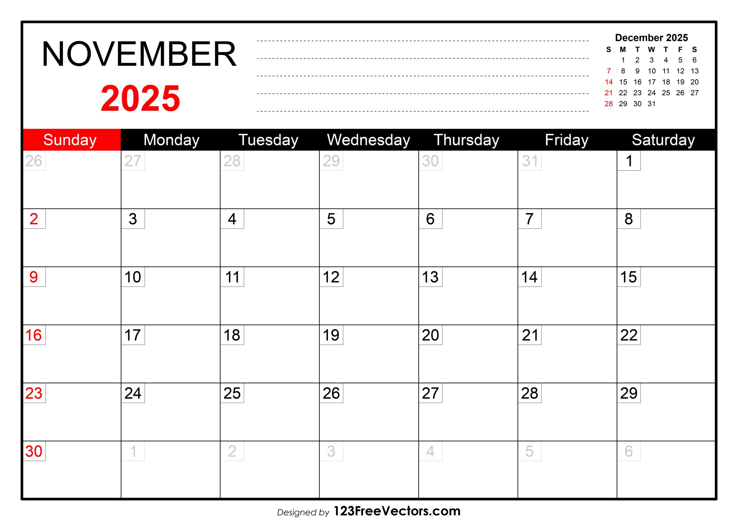 Free Download November 2025 Printable Calendar