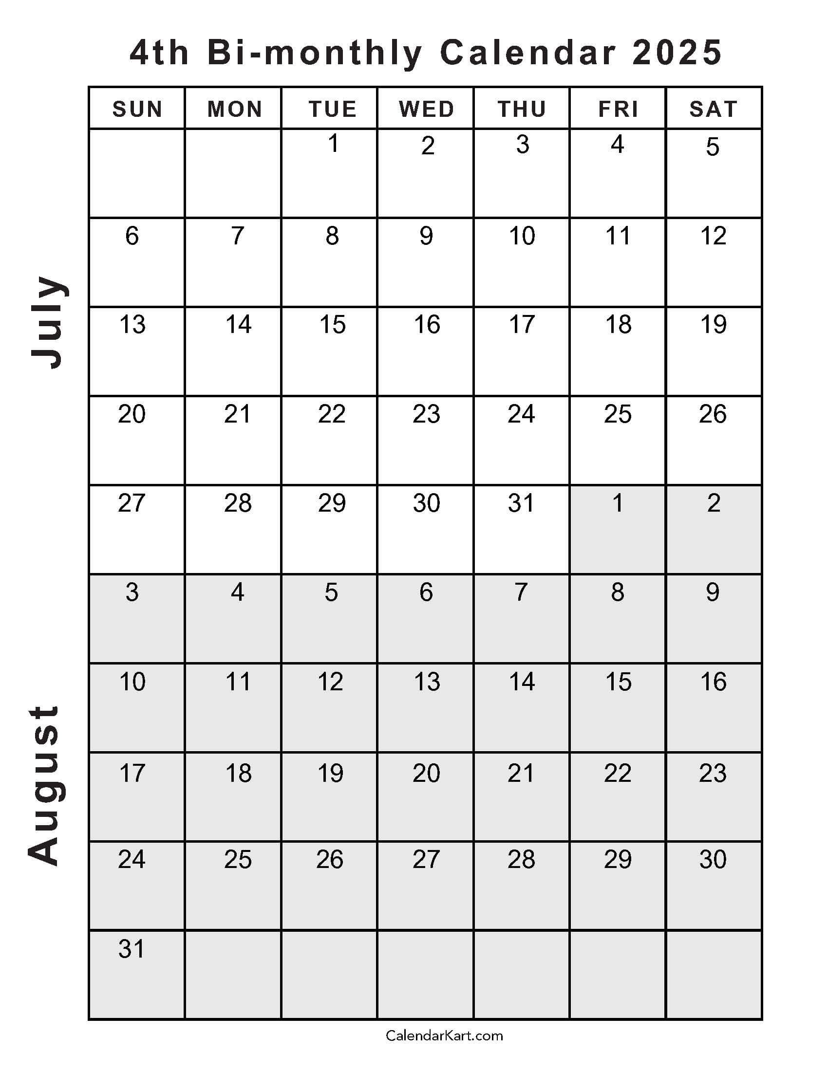 Calendar July August 2025