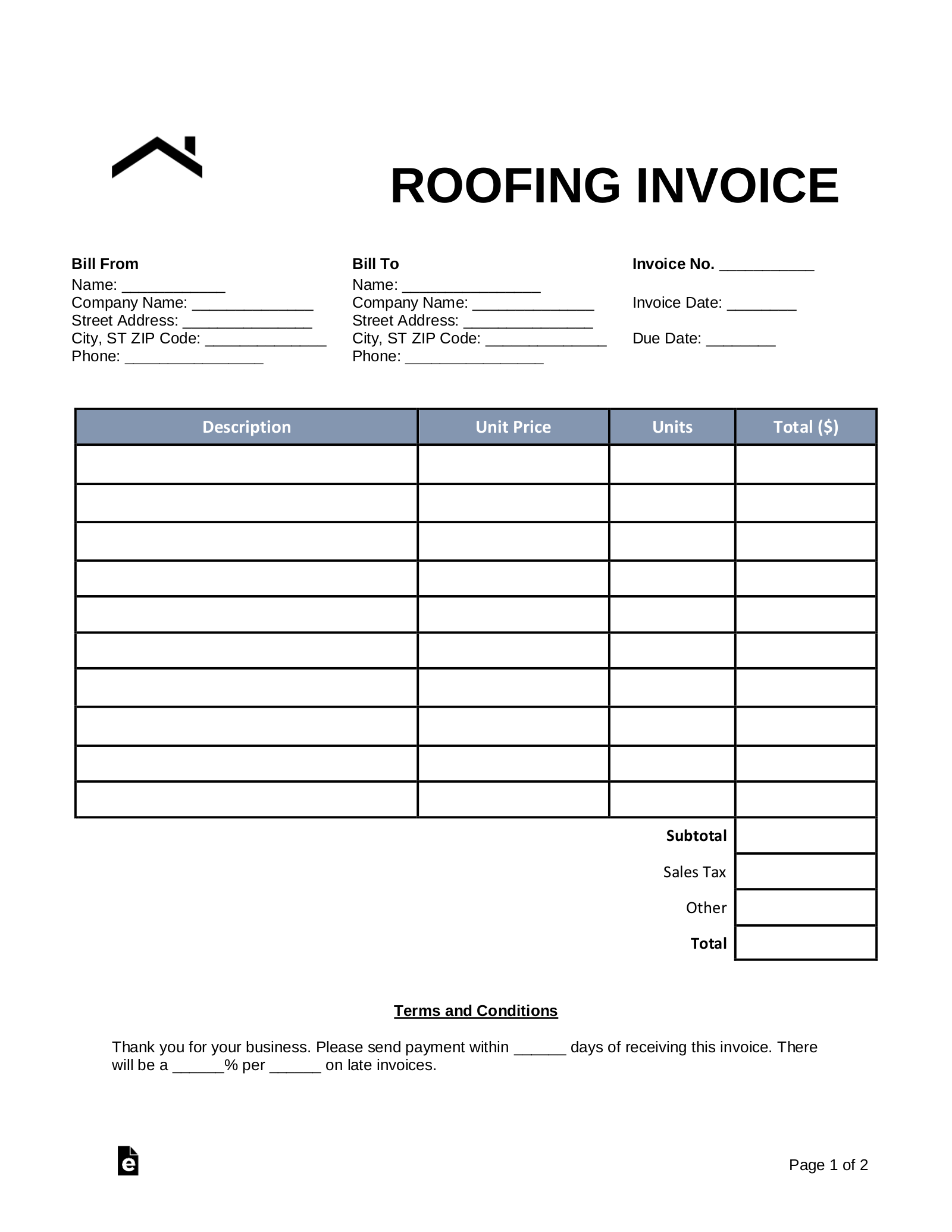 Free Roofing Invoice Template PDF Word EForms