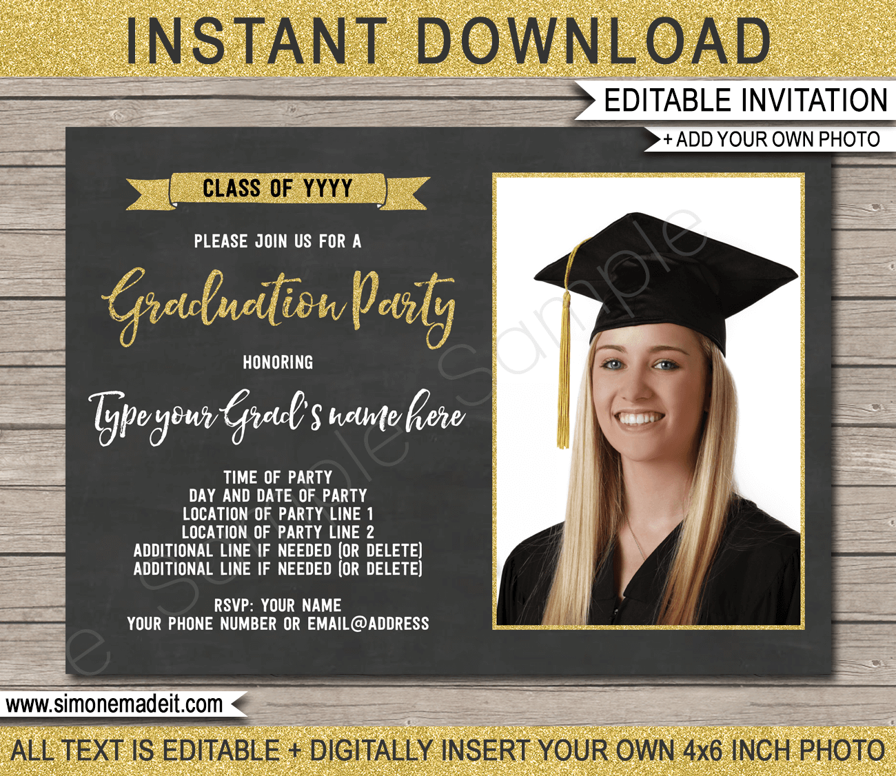 Graduation Photo Invitations Template Gold Glitter U0026 Chalkboard Graduation Photo Invitations Template Gold Glitter U0026 Chalkboard