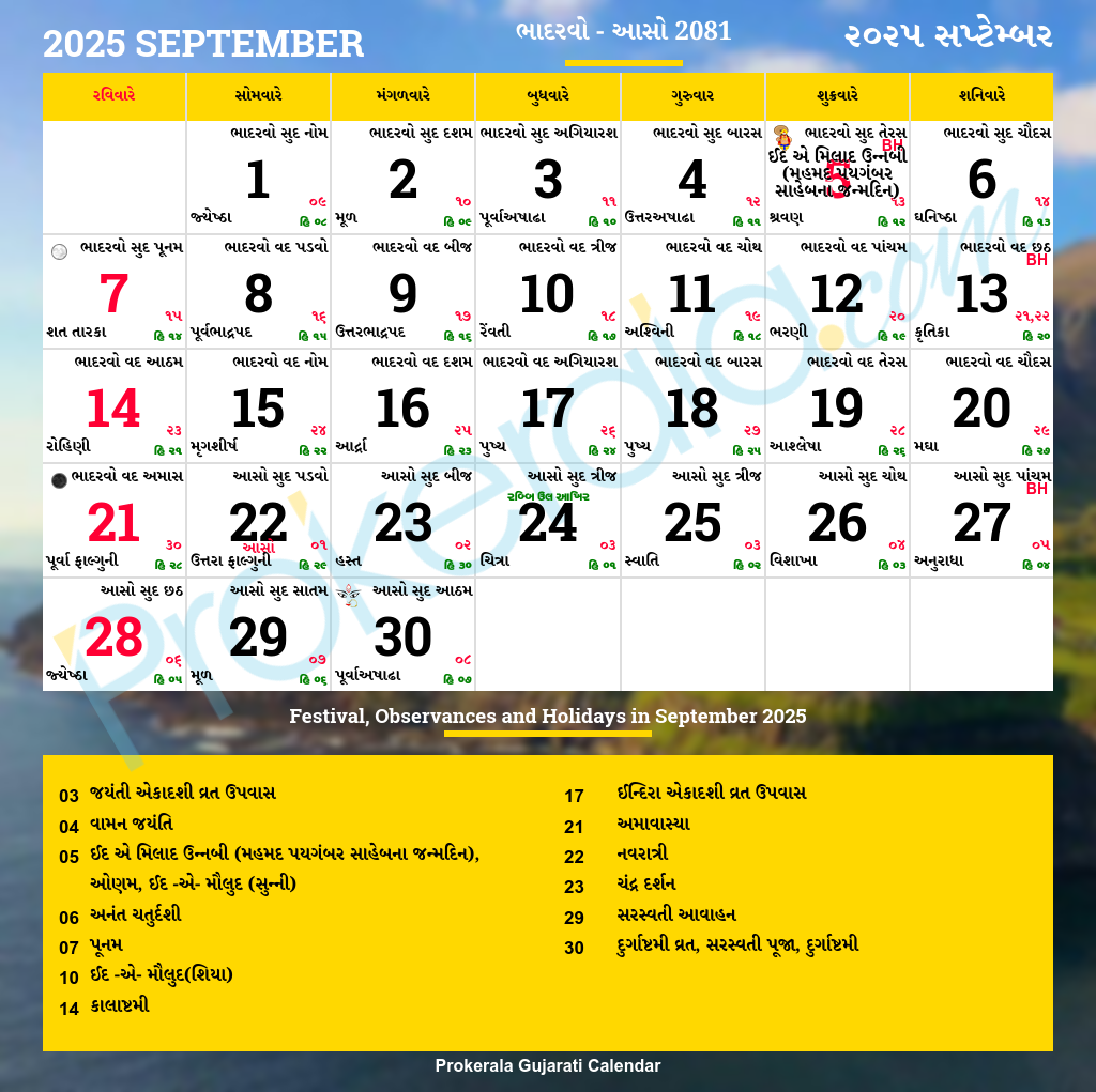 Gujarati Calendar September 2025 Vikram Samvat 2081 Bhadarvo Aso