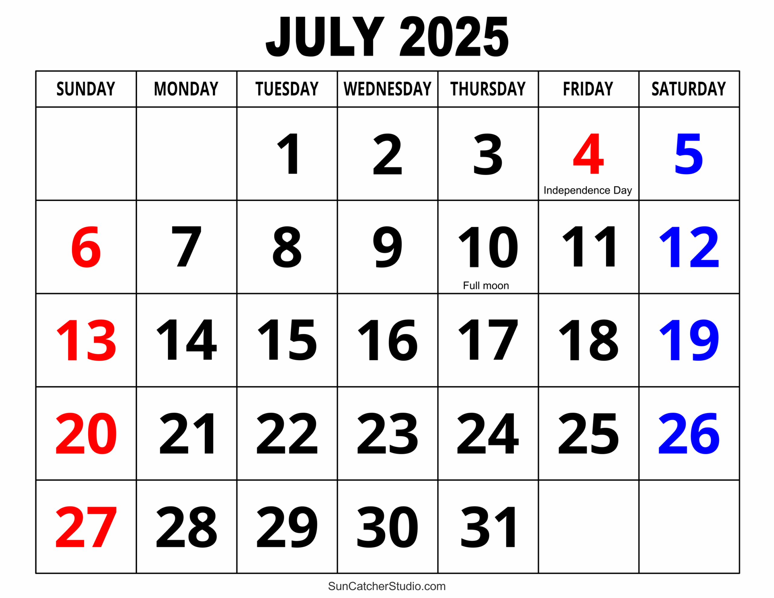 Printable July 2025 Calendar