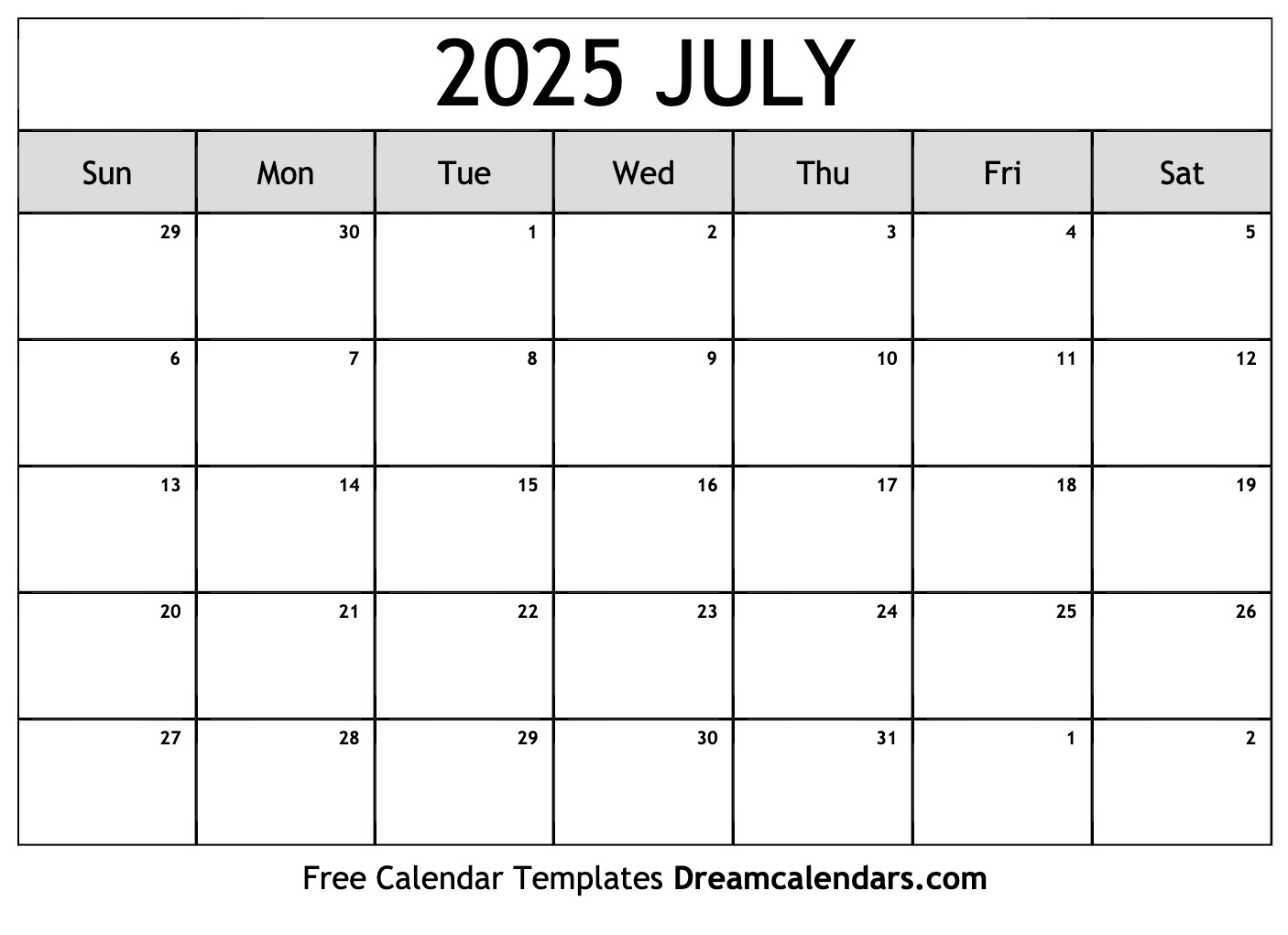 Blank July 2025 Calendar Printable