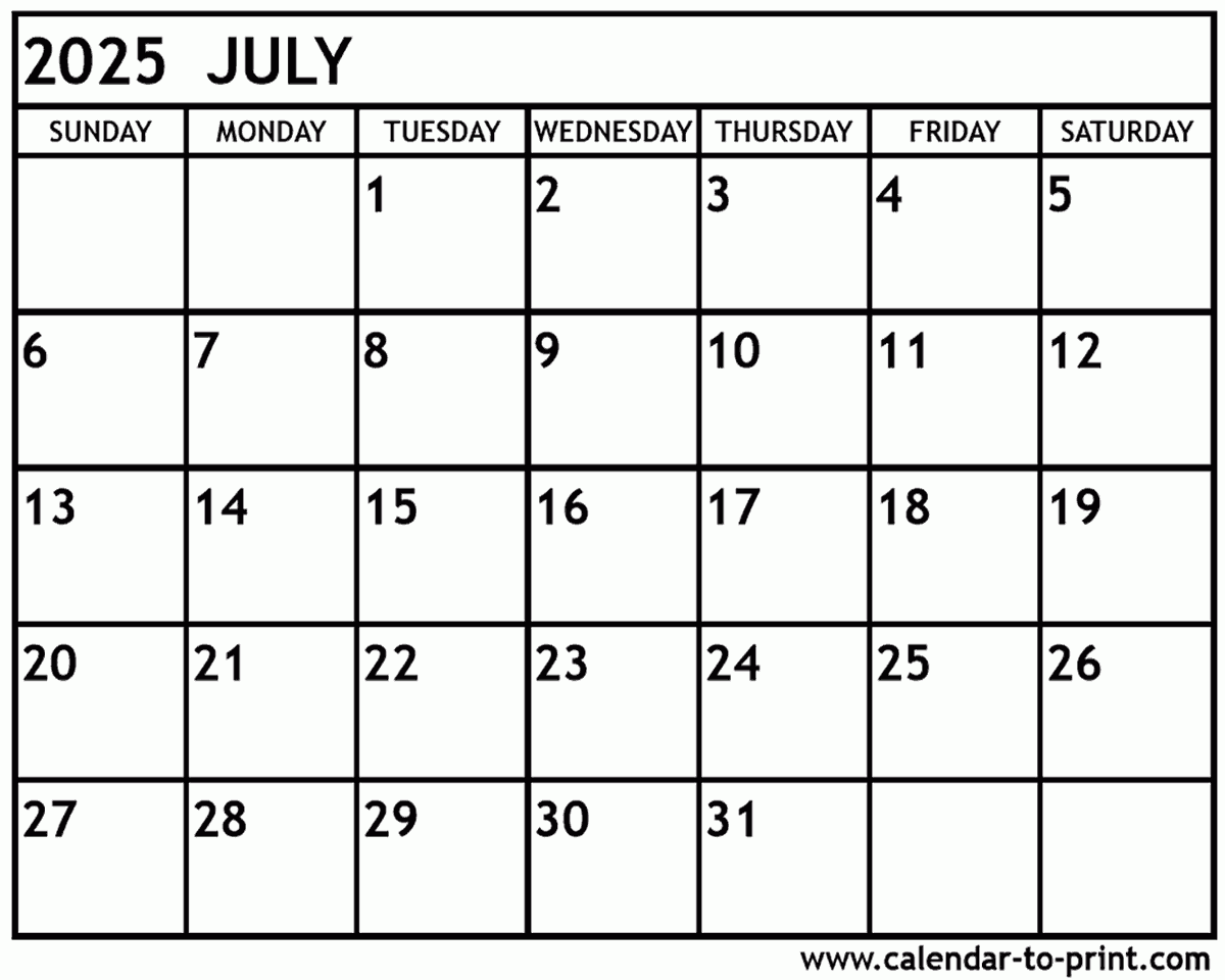 July 2025 Calendar Printable July 2025 Calendar Printable