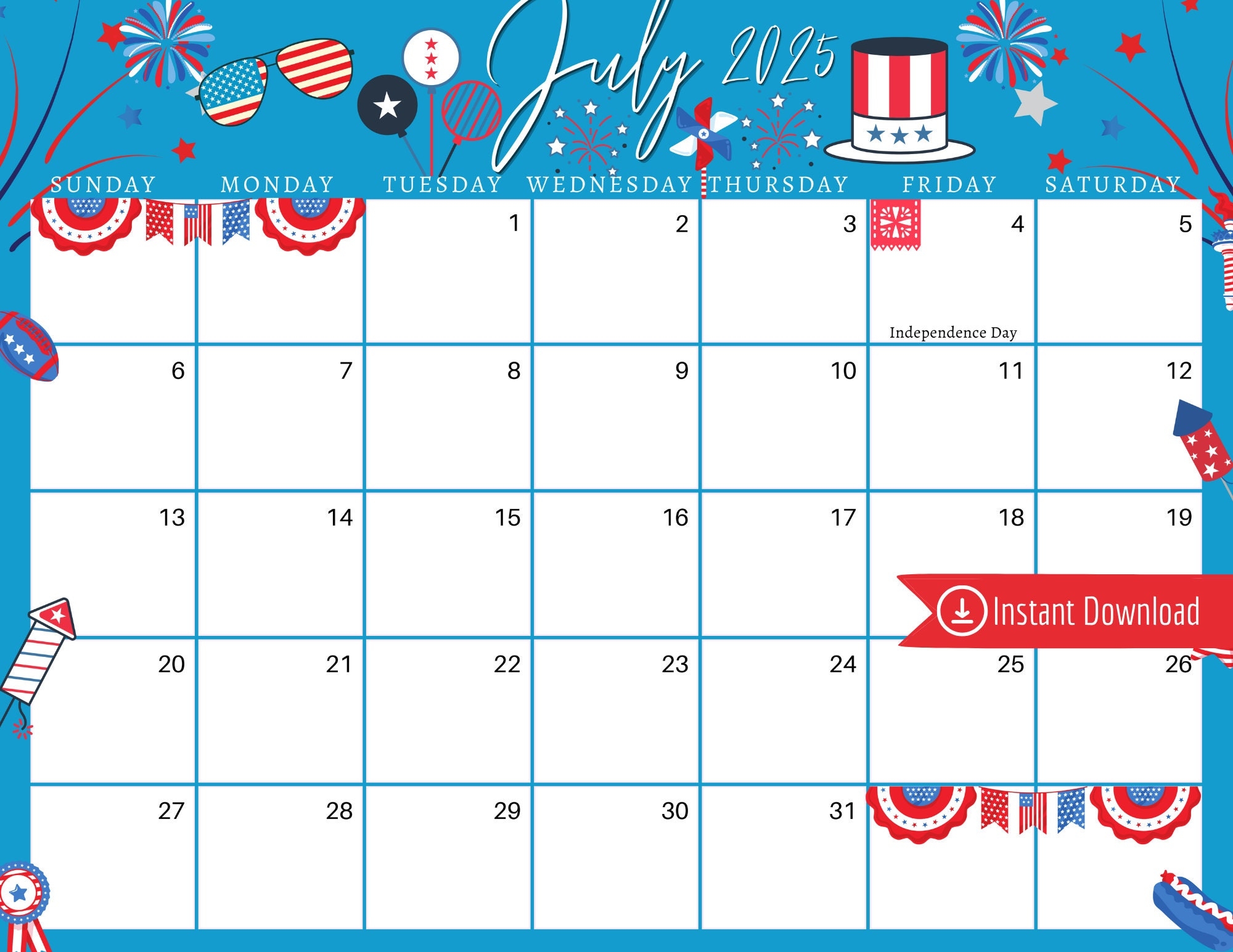 July 2025 Digital Calendar Blue 4th Of July Planner Editable