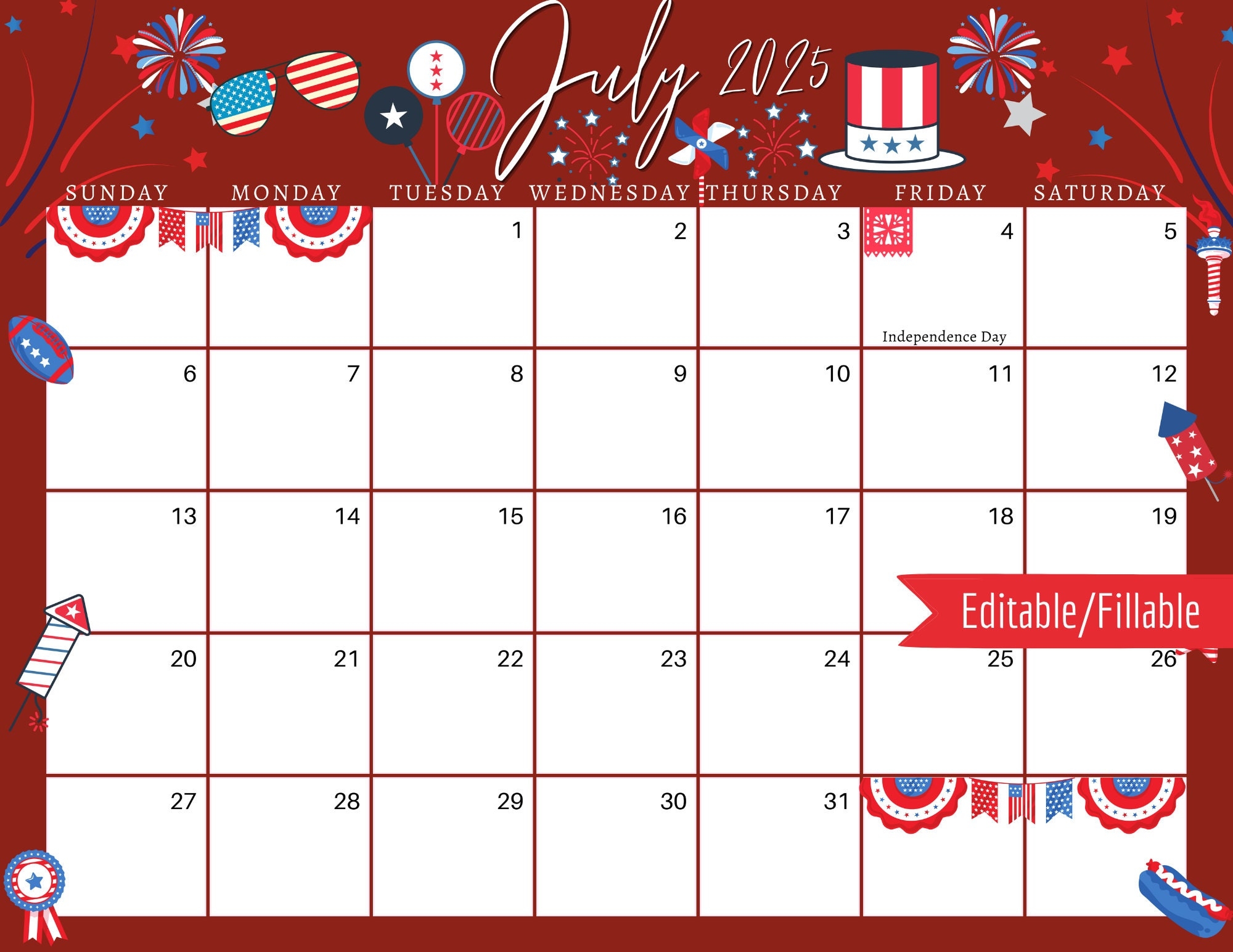 July 2025 Digital Calendar Red 4th Of July Planner Editable 