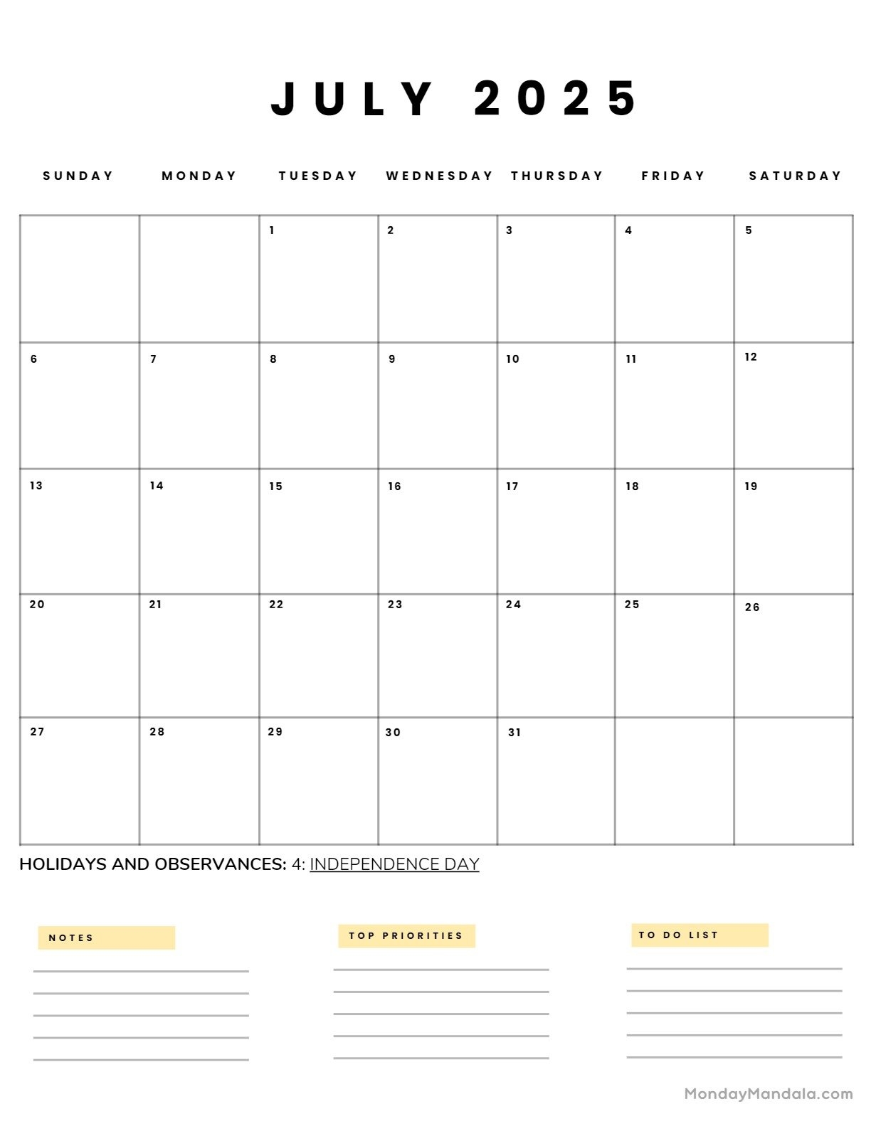 July 2025 Calendar Free