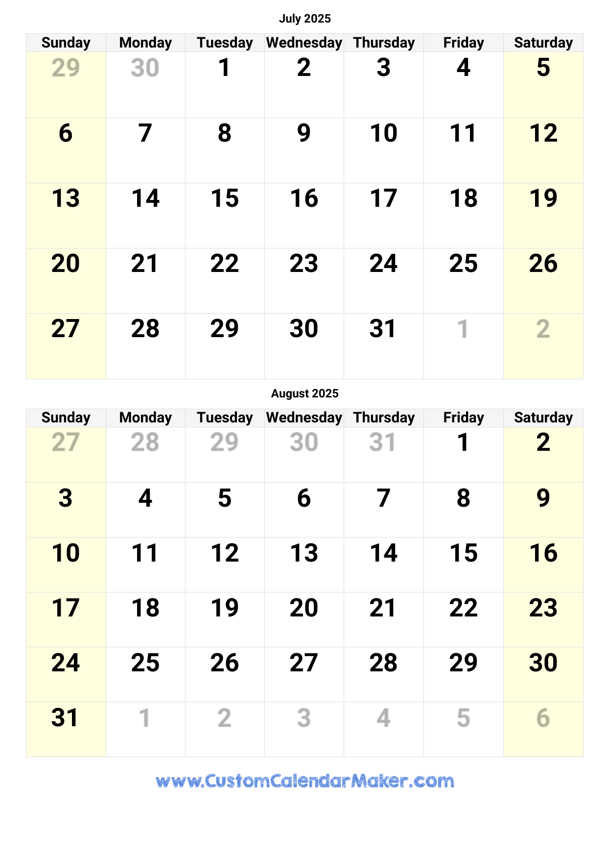 Calendar For July And August 2025