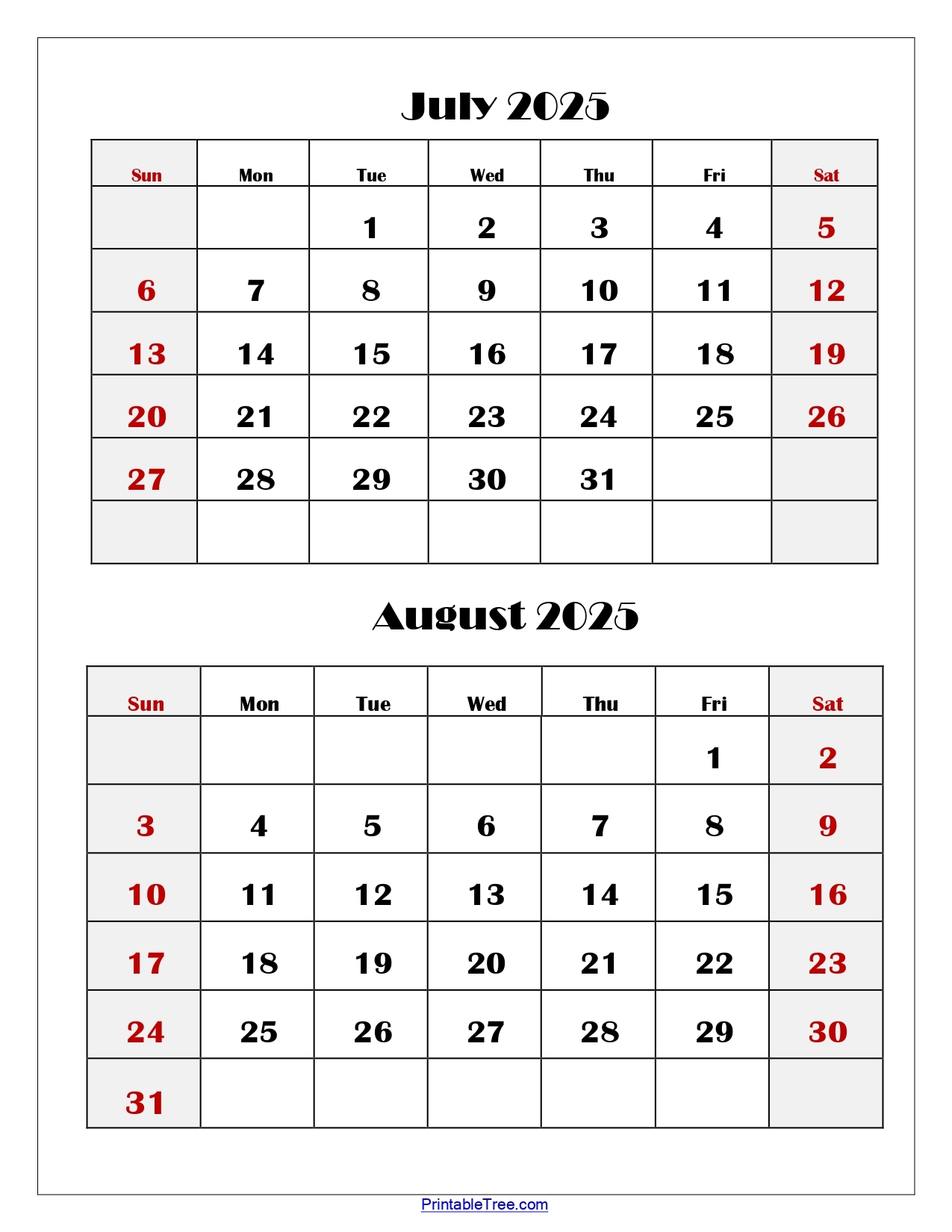 July And August 2025 Calendar Printable PDF Two Months Calendar