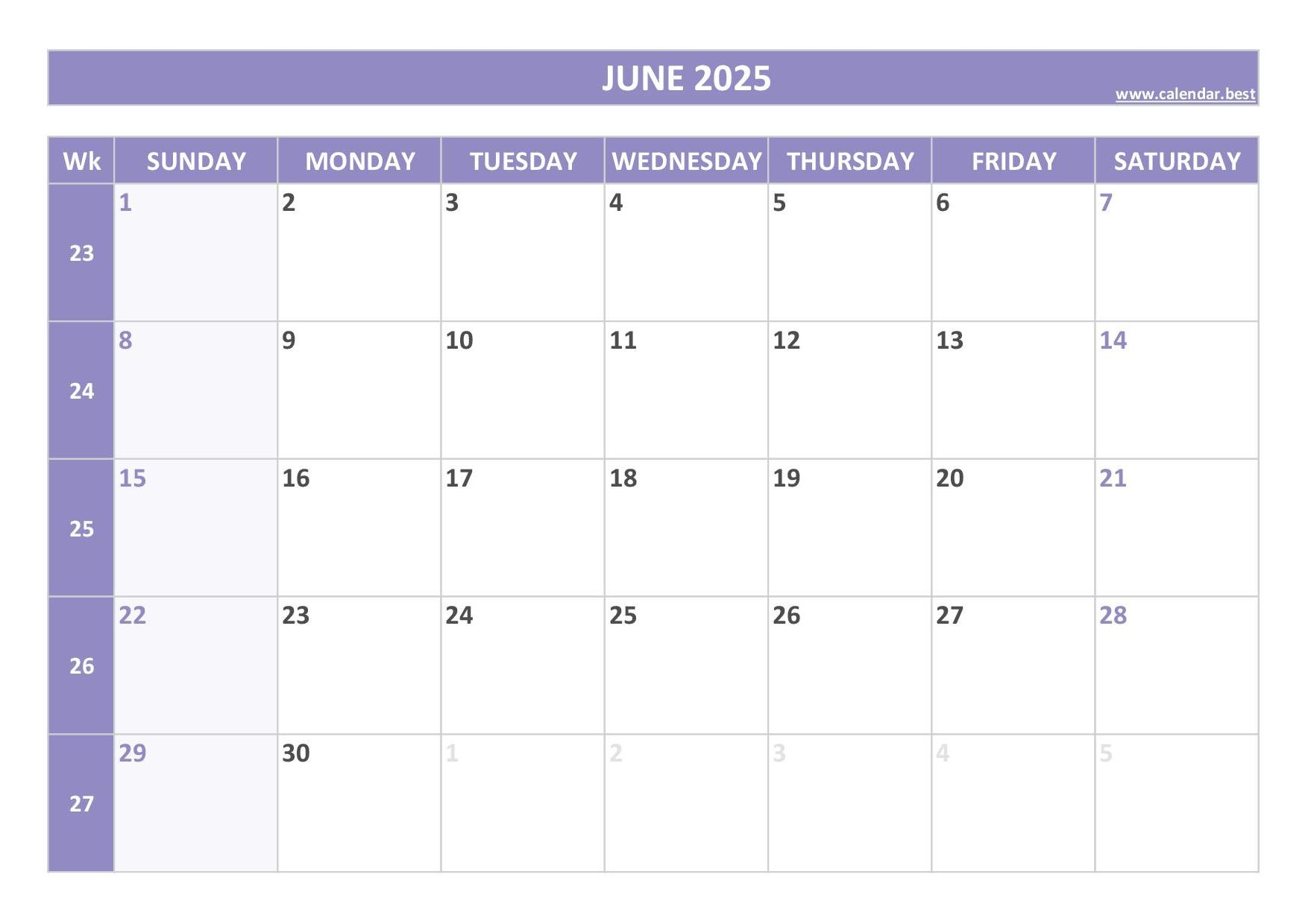 Printable Monthly Calendar June 2025 Pdf