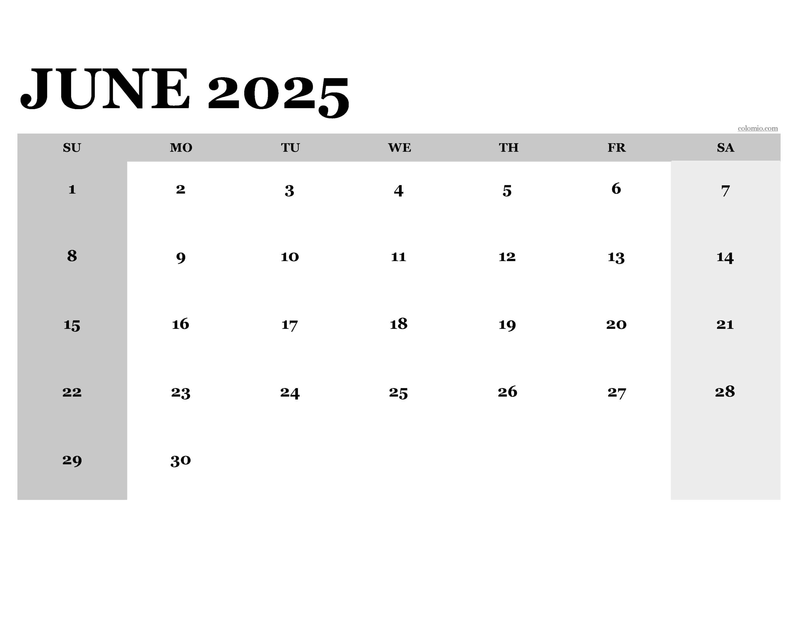 Printable Calendar June 2025 Big Spaces