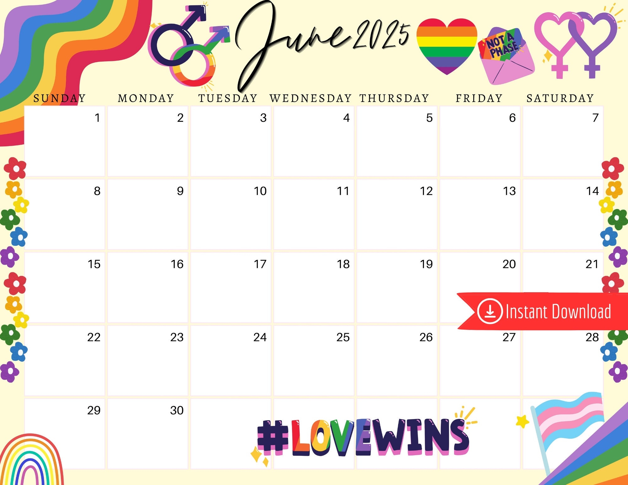 June 2025 Digital Calendar Queer Pride Planner Editable Fillable Printable Calendar For Planning PDF PNG And JPG Download Etsy
