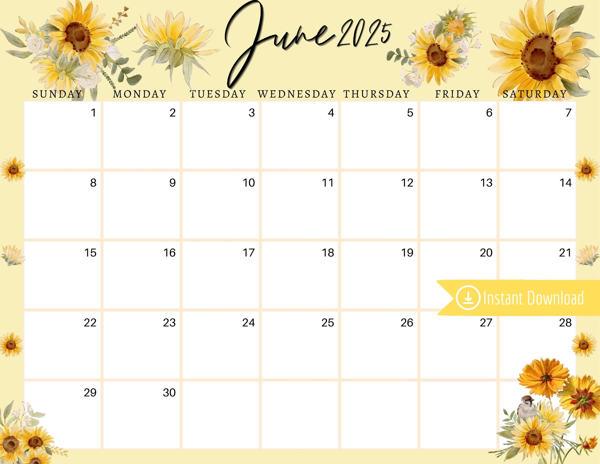 June 2025 Digital Calendar Yellow Sunflowers Planner Editable 