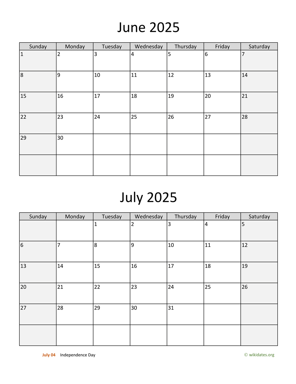 Blank Calendar July 2025 - June 2026