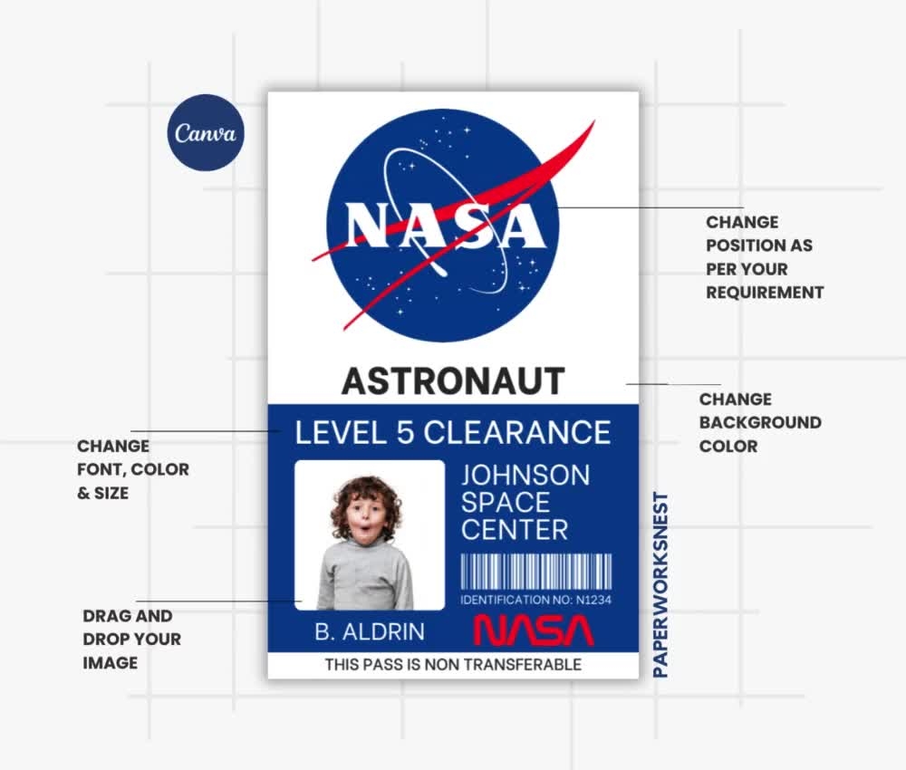 NASA Astronaut ID Badge Template Name Badge Space Astronaut Prop For Cosplay Costume Custom Ticket Printable Outer Space Party Favors