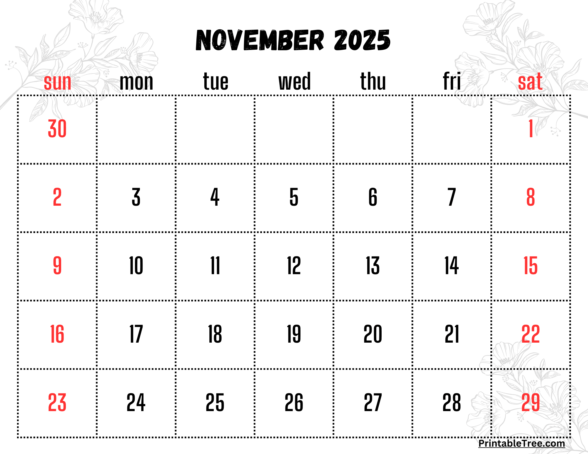 November 2025 Calendar Printable PDF Template With Holidays November 2025 Calendar Printable PDF Template With Holidays