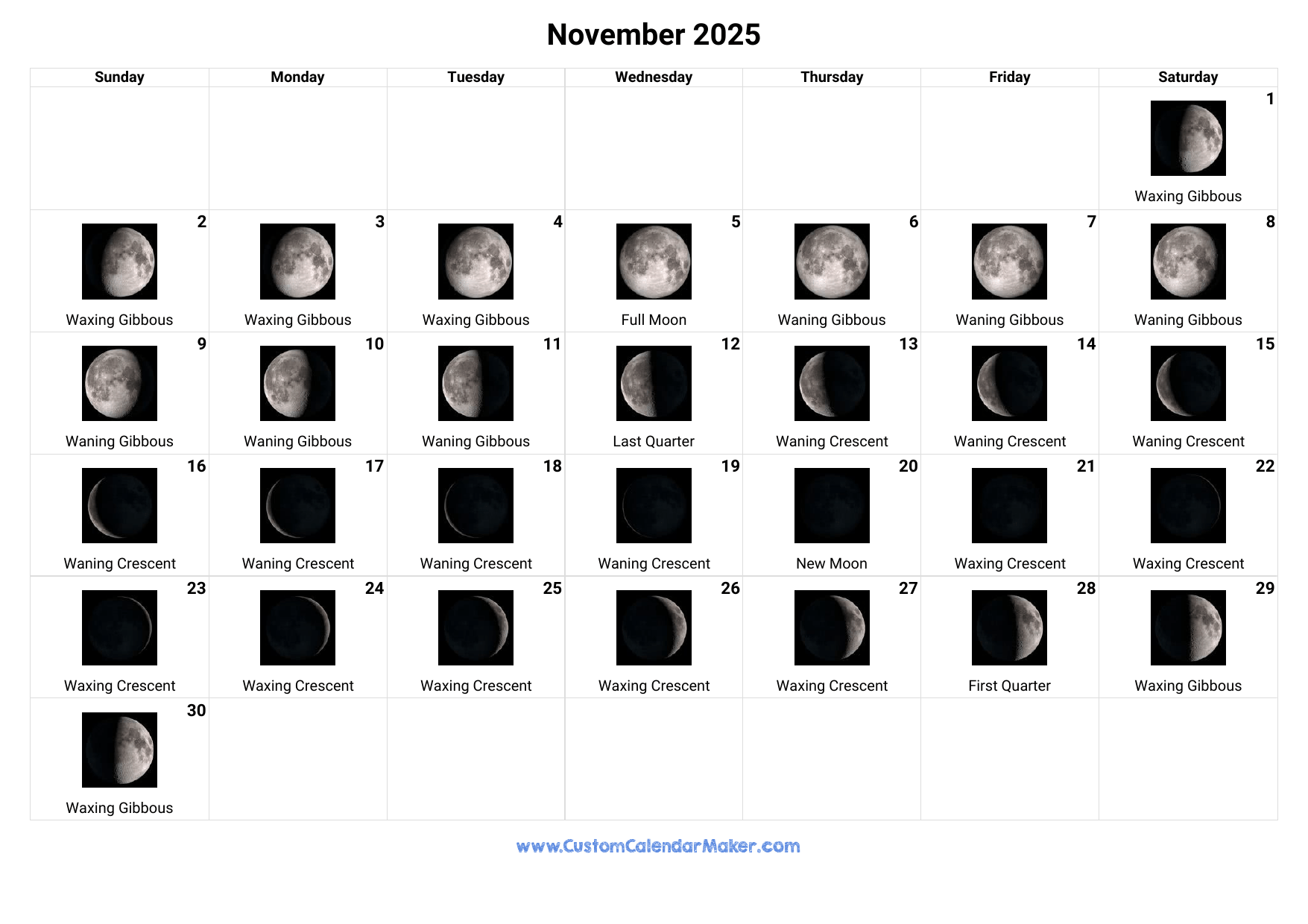 November 2025 Moon Phases Calendar Custom Calendar Maker