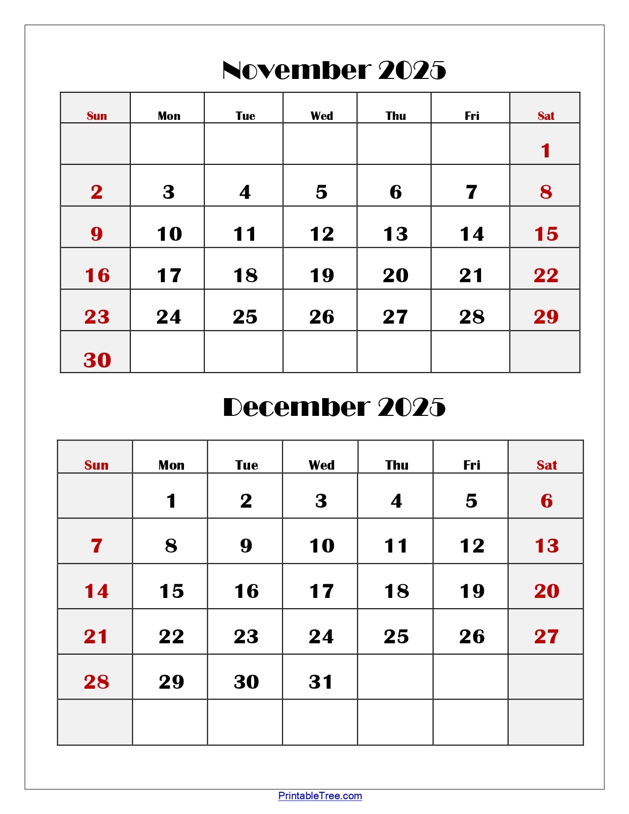 November And December 2025 Calendar Printable PDF Two Months 