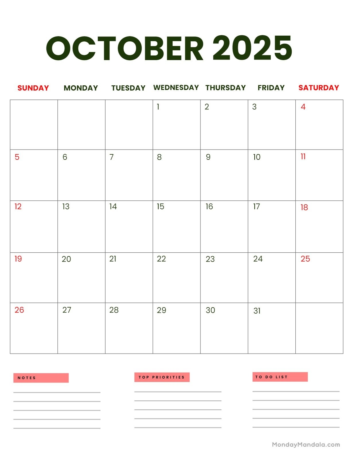 Free October 2025 Calendar Printable