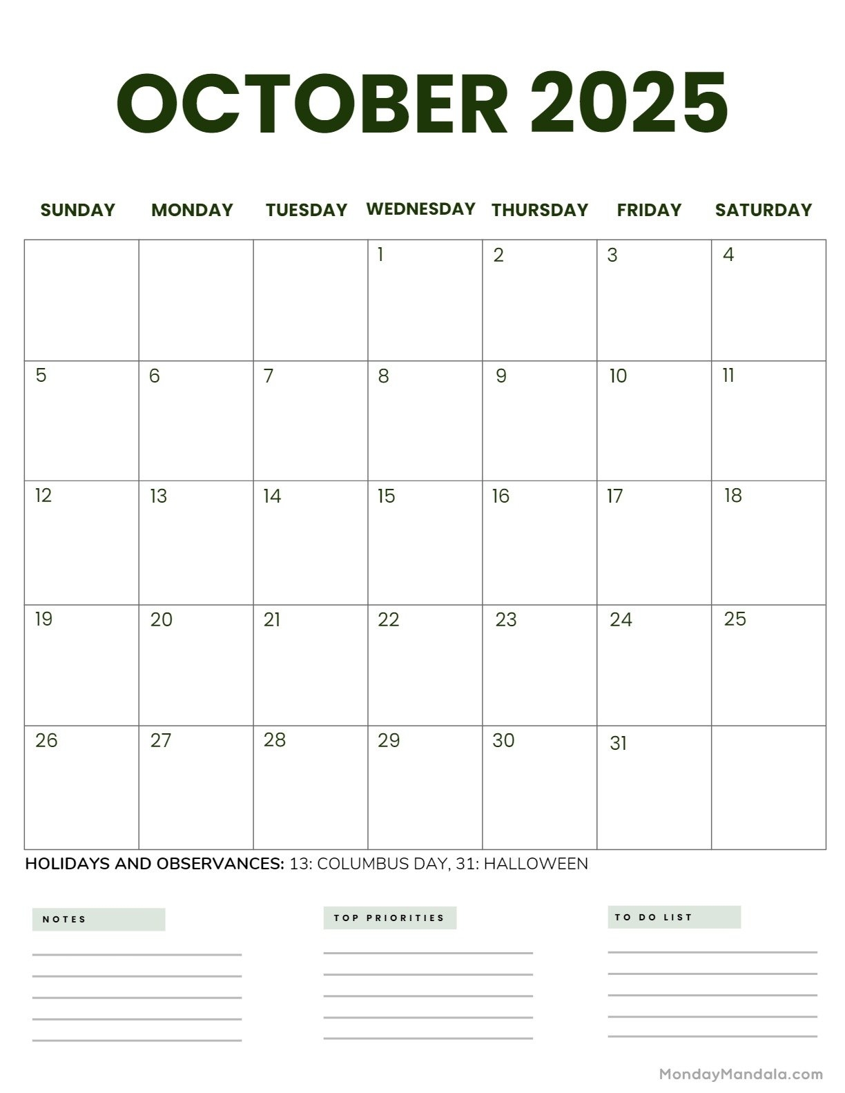 Calendar October 2025 Printable Free Calendar October 2025 Printable Free