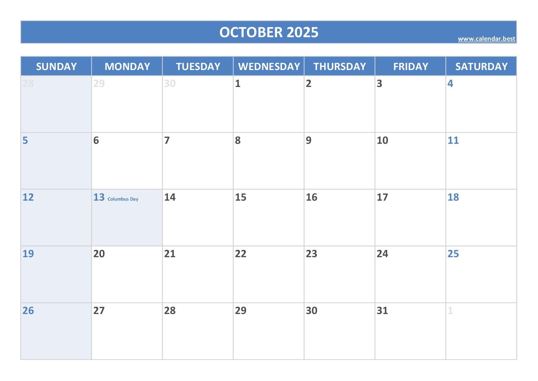 October Calendar 2025 With Holidays