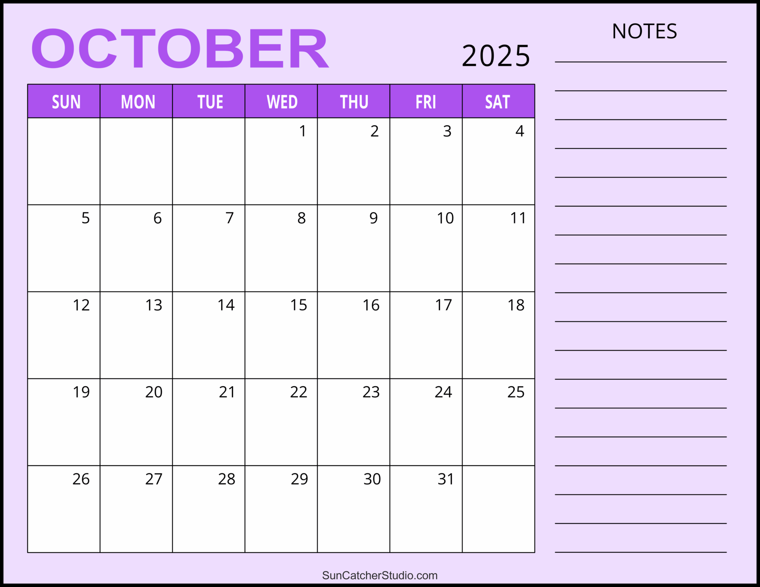 Blank Calendar October 2025 Free Printable