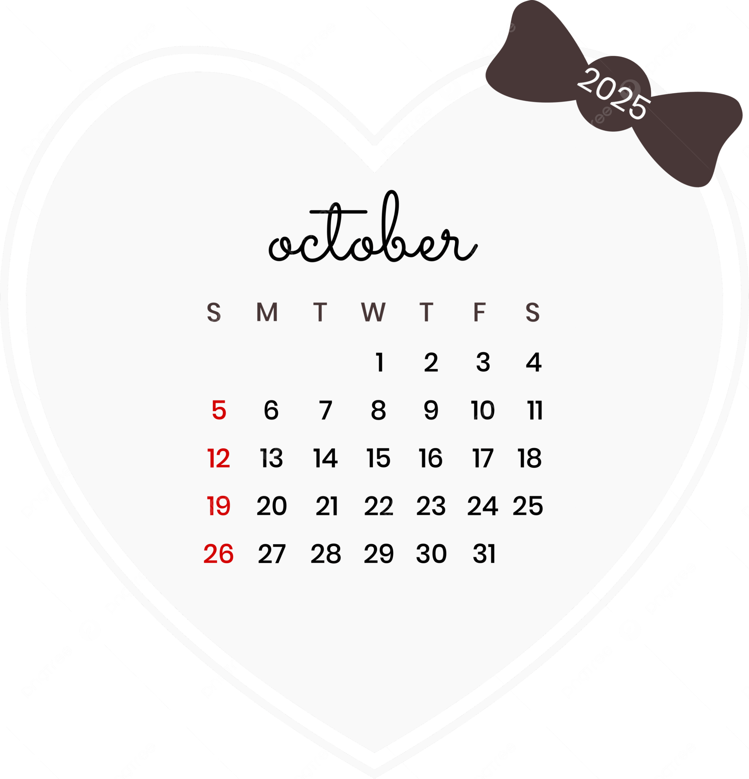 October 2025 Calendar Love Design Vector October 2025 Calendar 2025 October Calendar PNG And Vector With Transparent Background For Free Download