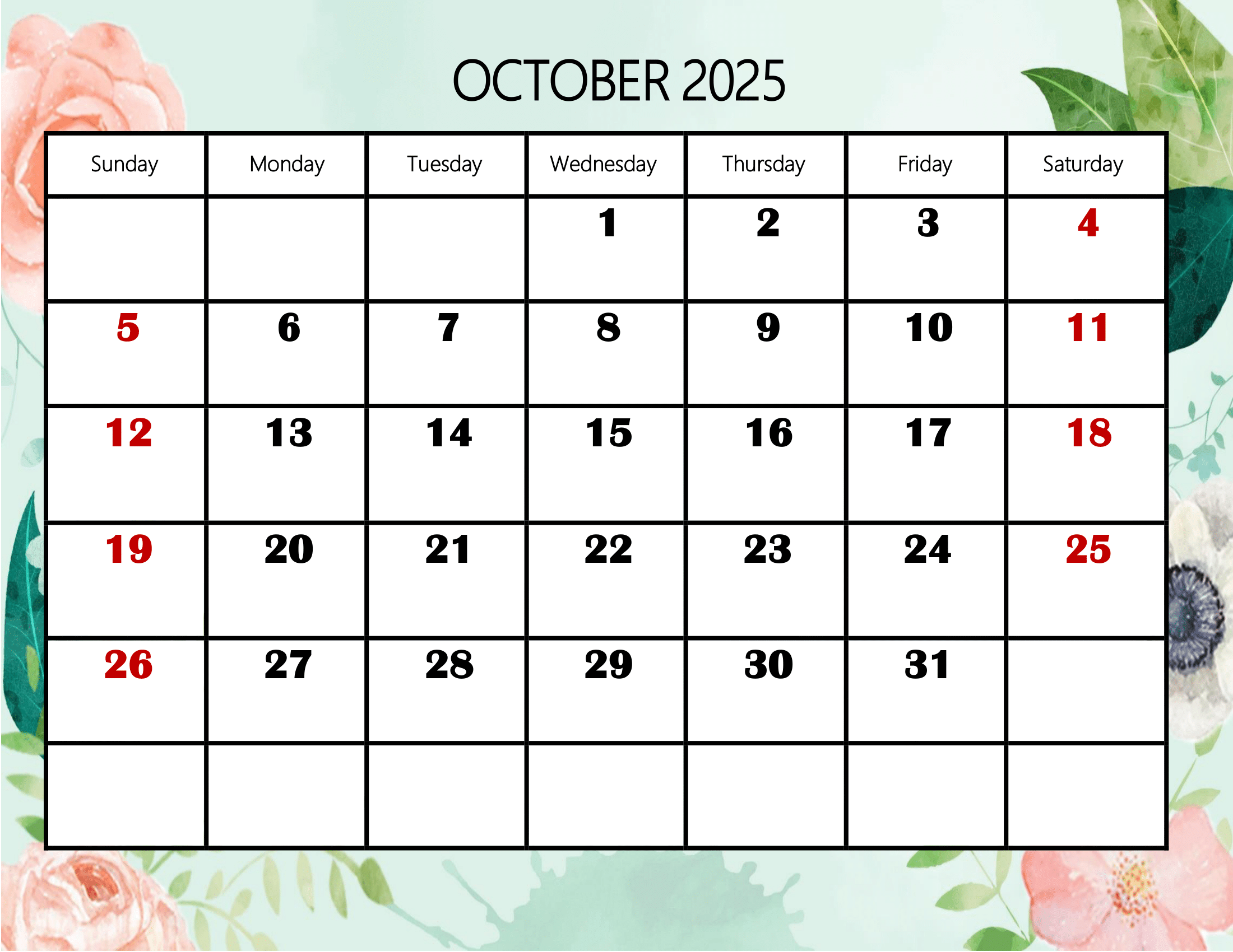 October 2025 Calendar Printable PDF Template With Holidays
