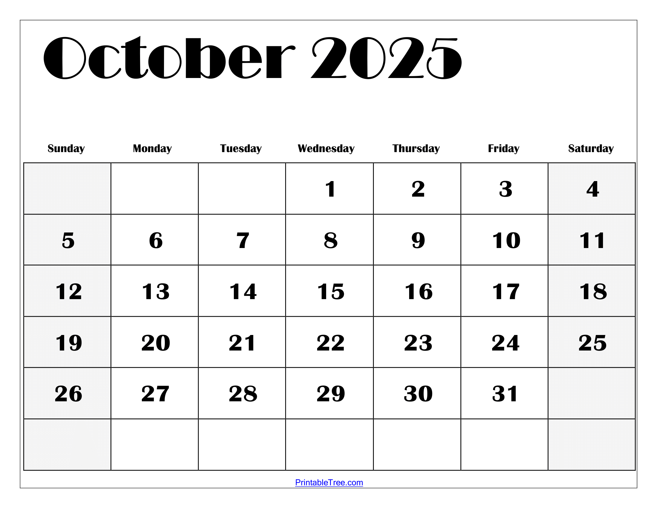 October 2025 Calendar Printable PDF Template With Holidays